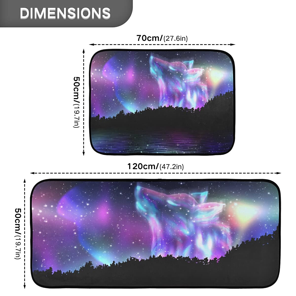 Wolf Aurora Borealis Non-Slip Washable Kitchen Rugs Set of 2 - Anti-Skid Floor Mats for Kitchen, Living Room & Home Decor | Perfect for High-Traffic Areas & Pet-Friendly Homes