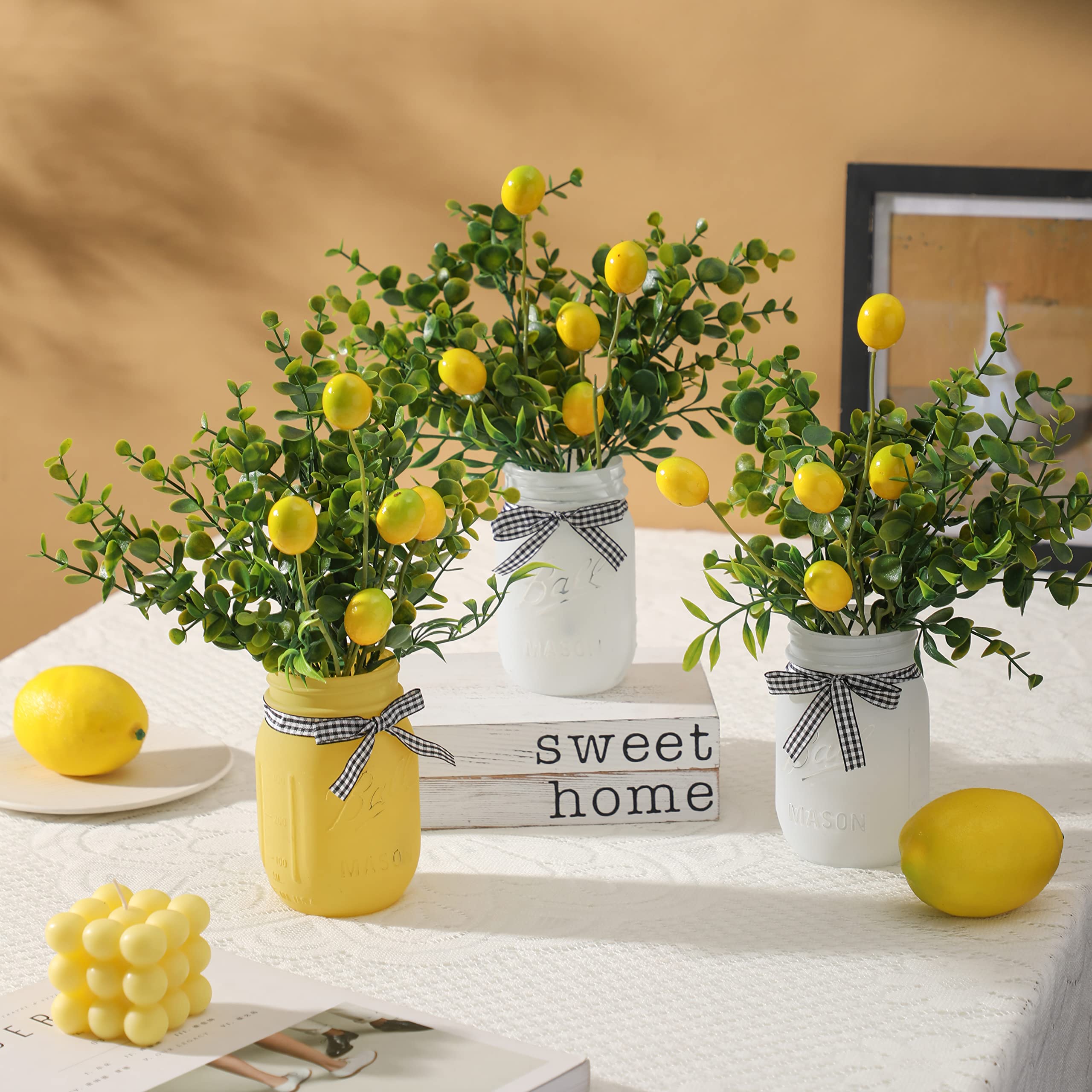 Lemon Mason Jar Centerpiece Set with Wood Tray - 3 Painted Jars for Dining Table, Coffee Table, Kitchen & Living Room Decor - Spring & Summer Home Decor for Farmhouse, Rustic & Country Style