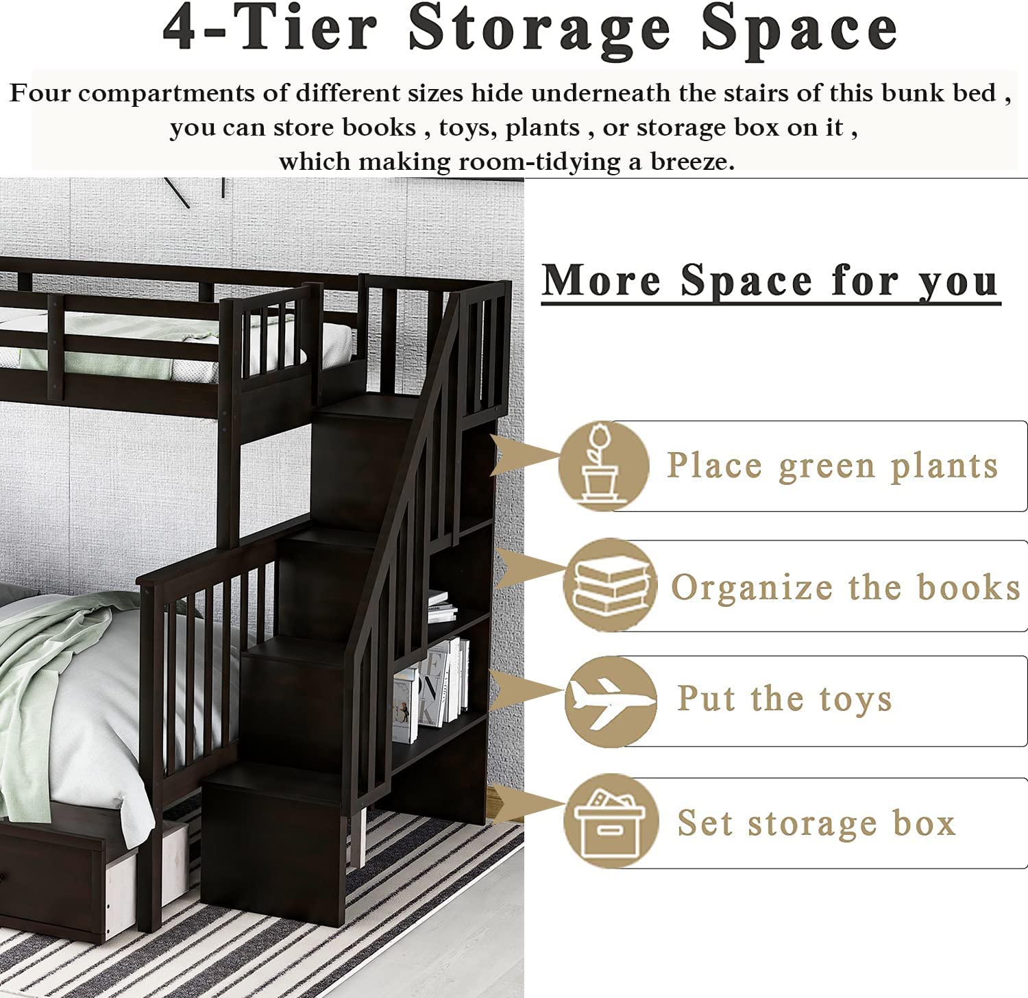 Twin Over Full Bunk Bed with Stairs and Storage - Wooden Stairway Bunk Bed with Drawers & Shelves for Bedroom, Dorm, Kids Room - Espresso Finish - Space Saving Furniture for Small Rooms & Shared Spaces