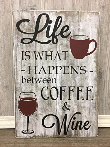 Personalized Coffee and Wine Gift for Mother's Day - Wooden Wall Art Sign with Inspirational Quote 'Life Happens Between Coffee & Wine' - Perfect for Kitchen Decor, Mom's Birthday Present & Housewarming Gift