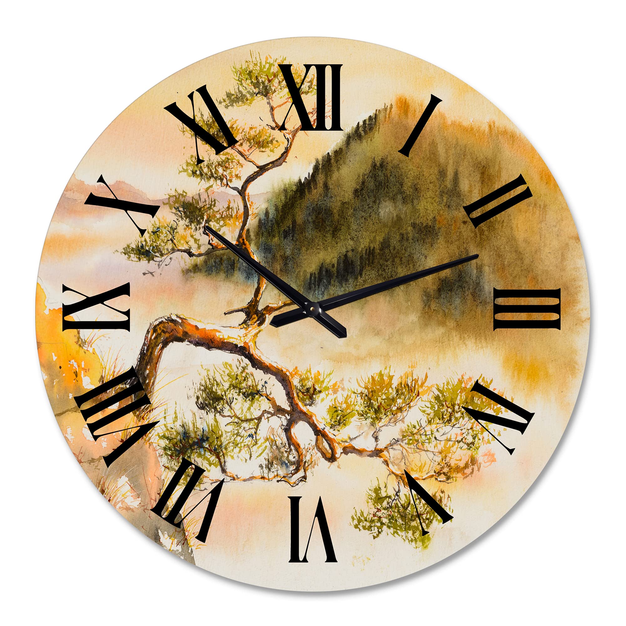 DesignQ Traditional Large Wall Clock - 'Curved Pine Tree on Sokolica Peak' Nature Landscape Decor for Bedroom, Living Room & Office | Silent Non-Ticking Clock for Home & Workspace