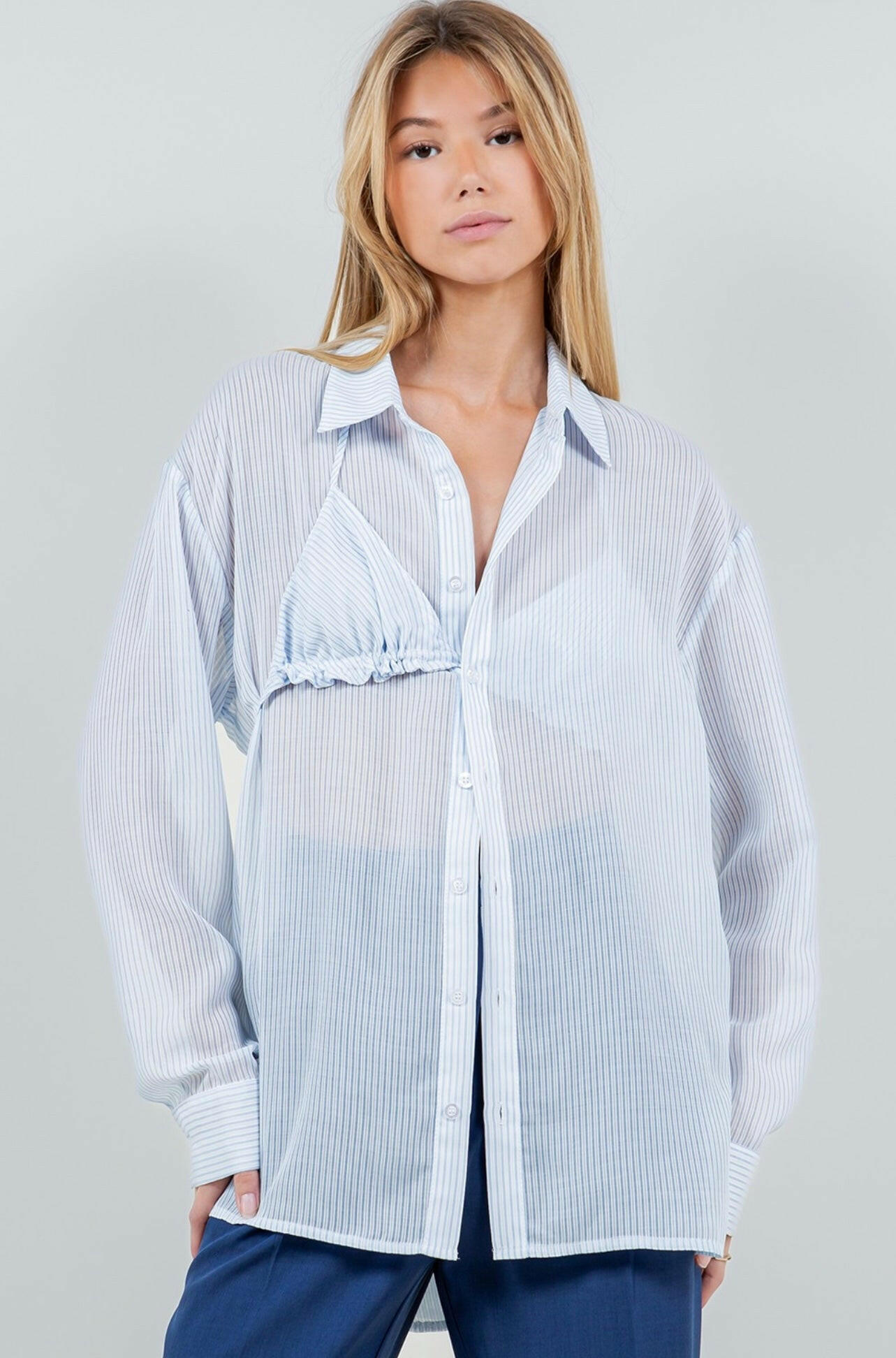 Sheer Button Up Blouse with Bikini Top - White & Blue Floral Print Women's Beach Cover Up for Summer Vacation & Pool Party
