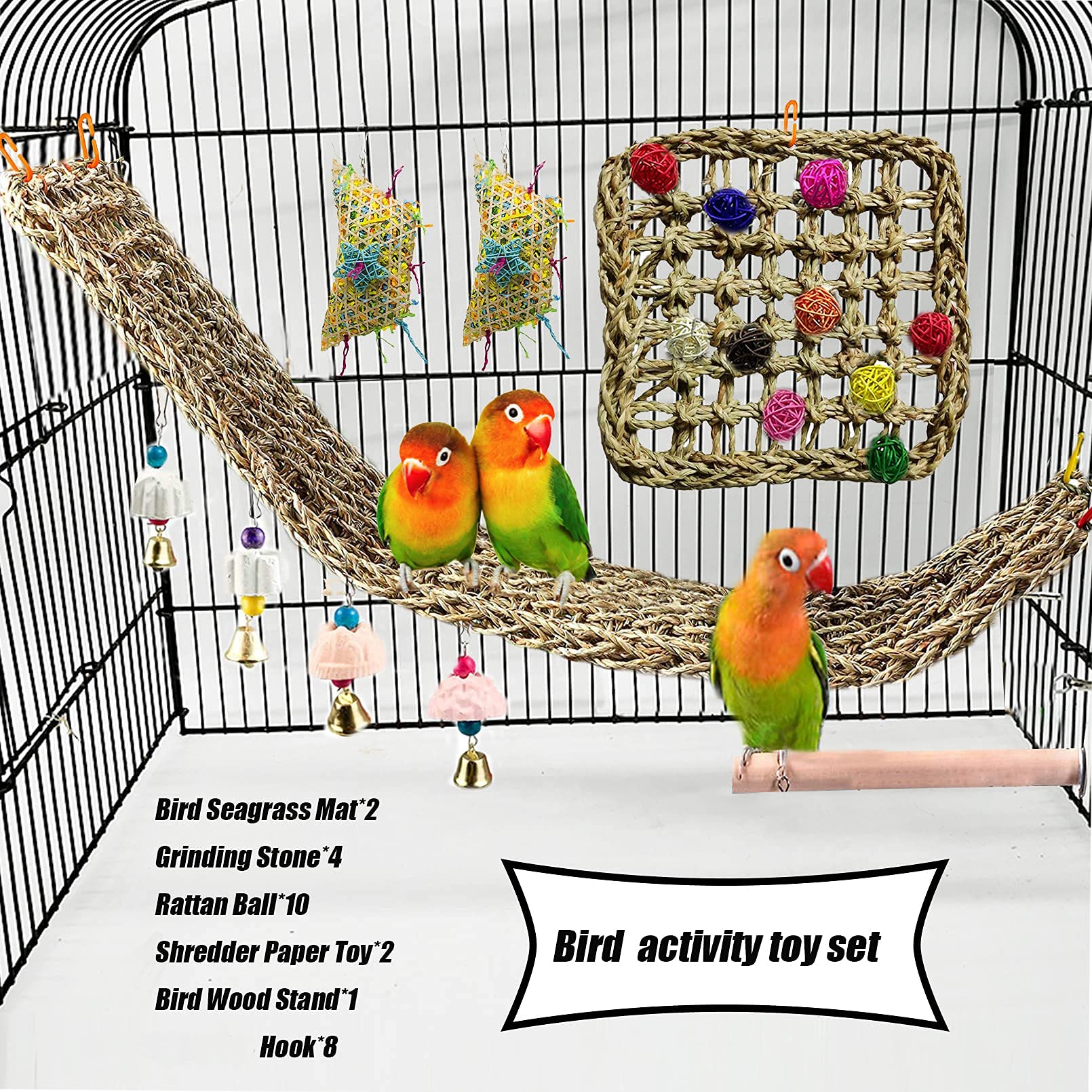 Premium Parrot Foraging Wall Toy - Natural Seagrass Climbing Mat & Hammock with Chew Balls (29.5