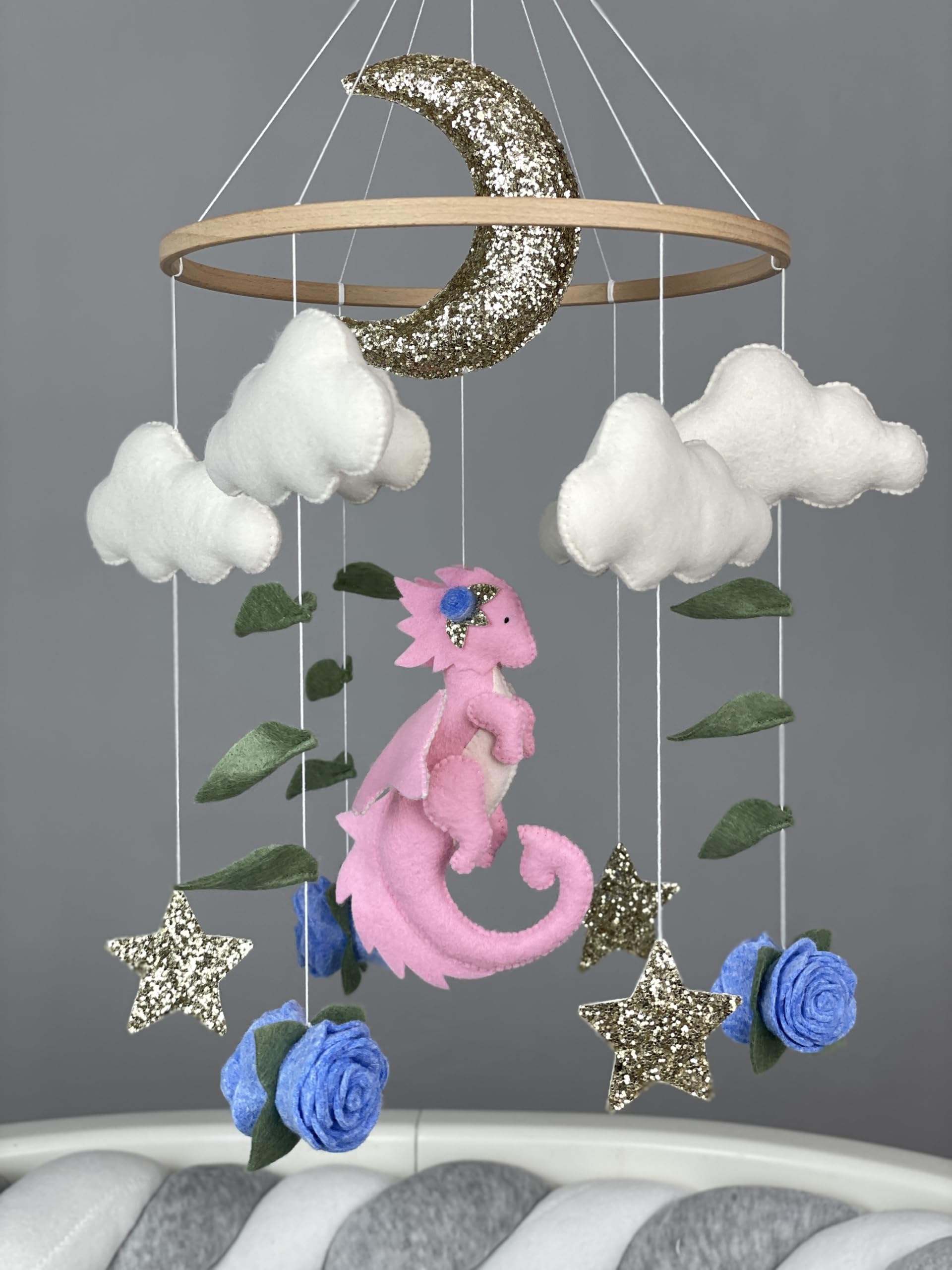 Pink Dragon Baby Crib Mobile - Fantasy Nursery Decor, Felt Dragon & Flower Mobile for Baby Girls - Perfect for Baby Showers & Newborn Gifts | Nursery Decor, Baby Room Theme, Infant Visual Stimulation
