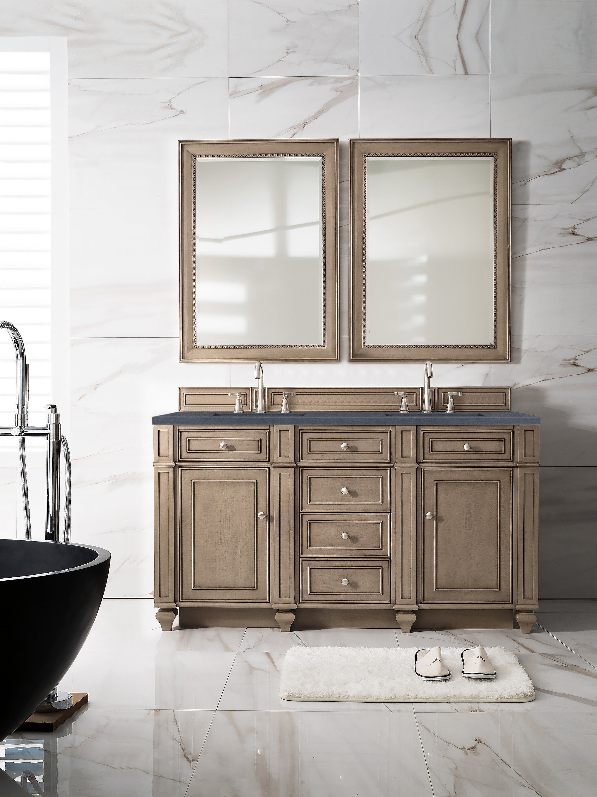 Bristol 60 Inch Double Bathroom Vanity with Whitewashed Walnut Finish and 3CM Charcoal Soapstone Quartz Countertop - Perfect for Master Bathroom Renovation and Modern Home Decor