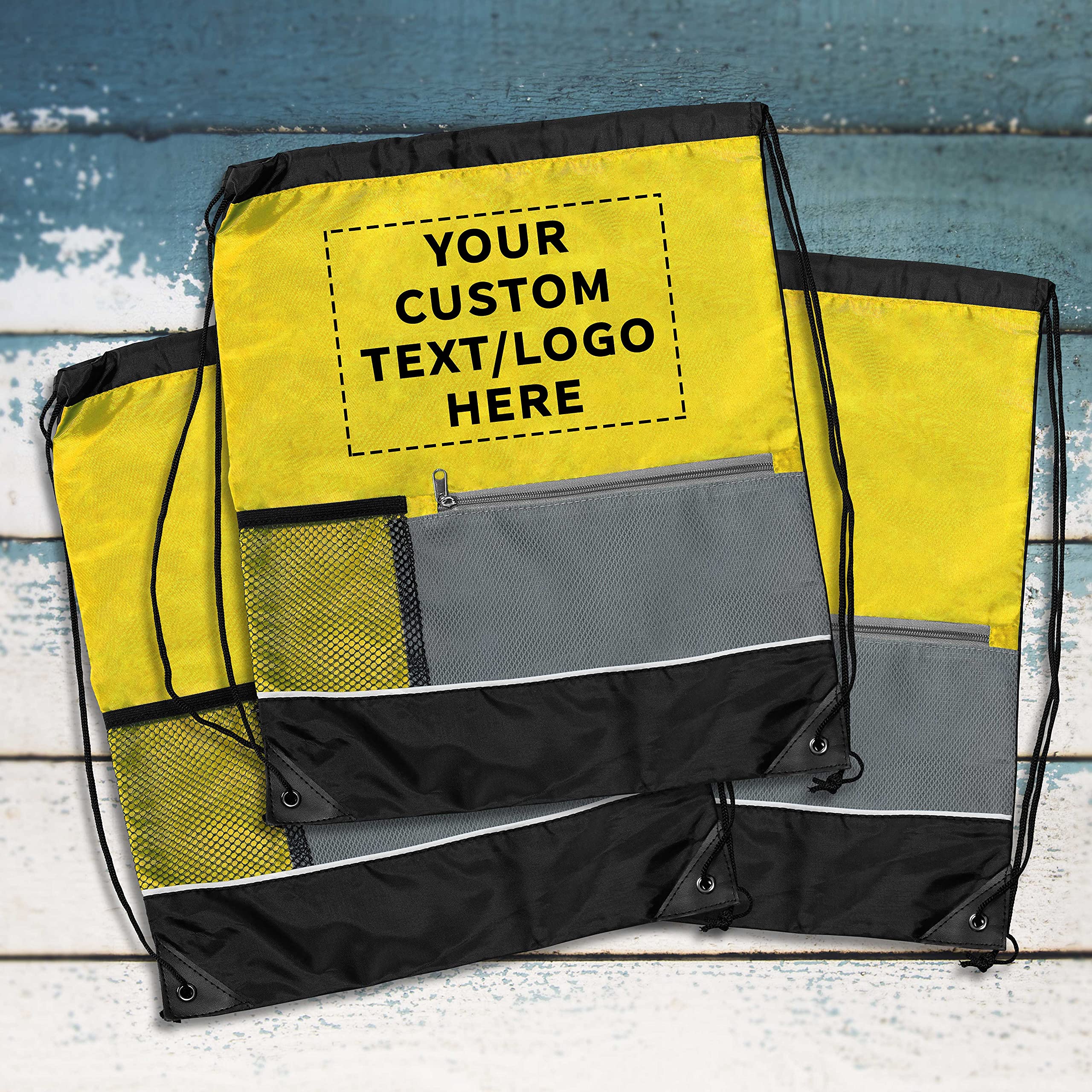 Custom Front Pocket Drawstring Backpacks - Set of 10 Bulk Pack | Personalized Reusable Lightweight Sports Bags | Promotional Backpacks for School, Gym & Events - Yellow