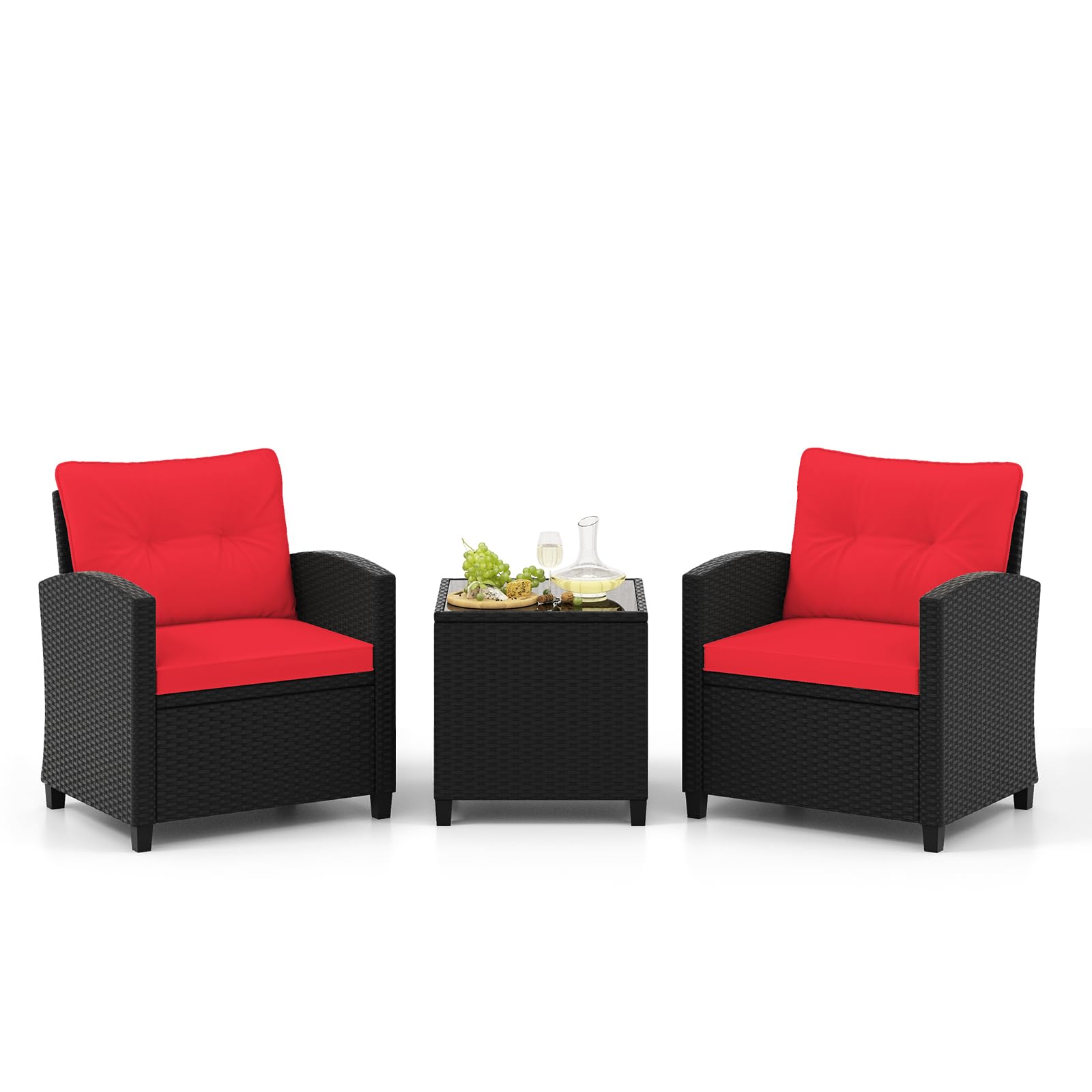 Tangkula 3-Piece Outdoor Patio Furniture Set - Rattan Wicker Sofa Set with Soft Cushions & Tempered Glass Coffee Table - Red Conversation Set for Backyard, Garden, Porch, Poolside Relaxation & Entertaining