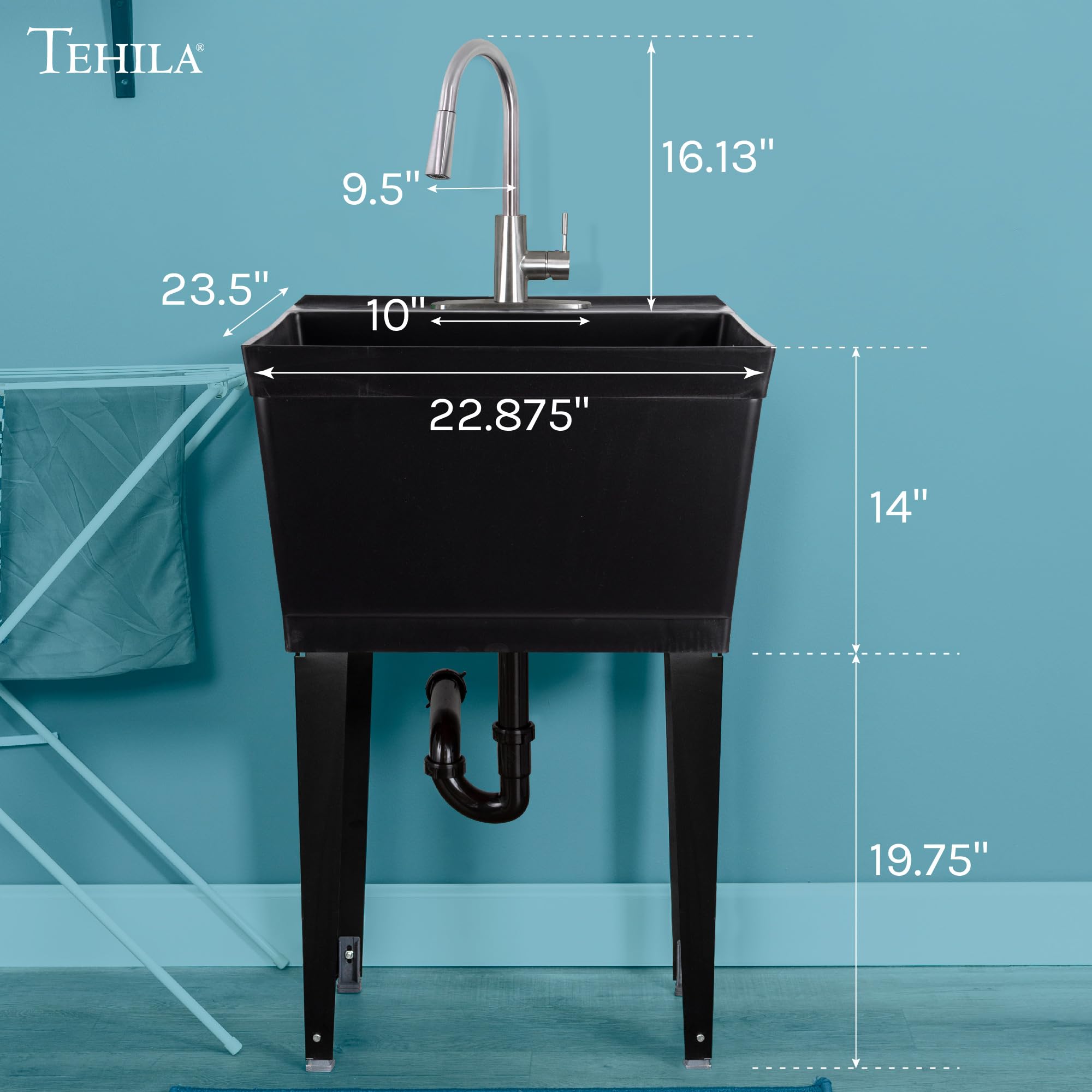 JS Jackson Supplies Laundry Utility Sink with High Arc Pull-Down Faucet - Stainless Steel Faucet & Black Tub for Laundry Room, Basement, Garage, or Workshop Use