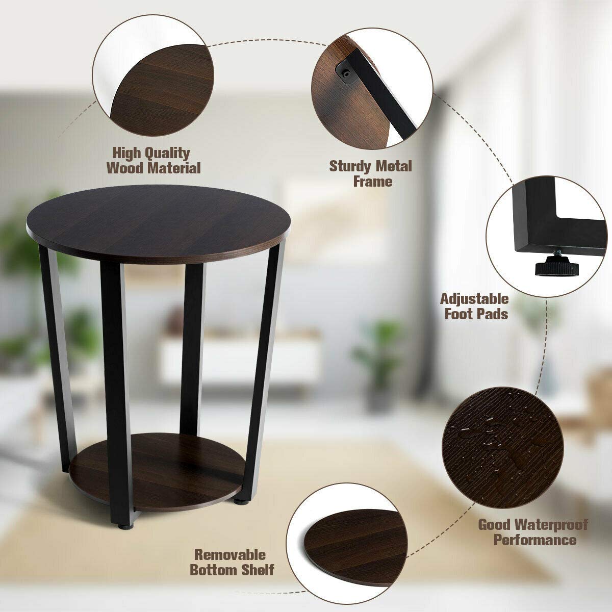 Caraya 2-Tier Round Nightstand End Table - Multifunctional Side Table with Sturdy Metal Frame for Bedroom, Living Room & Office - Perfect as Bedside Table, Sofa Side Table or Office Storage Organizer