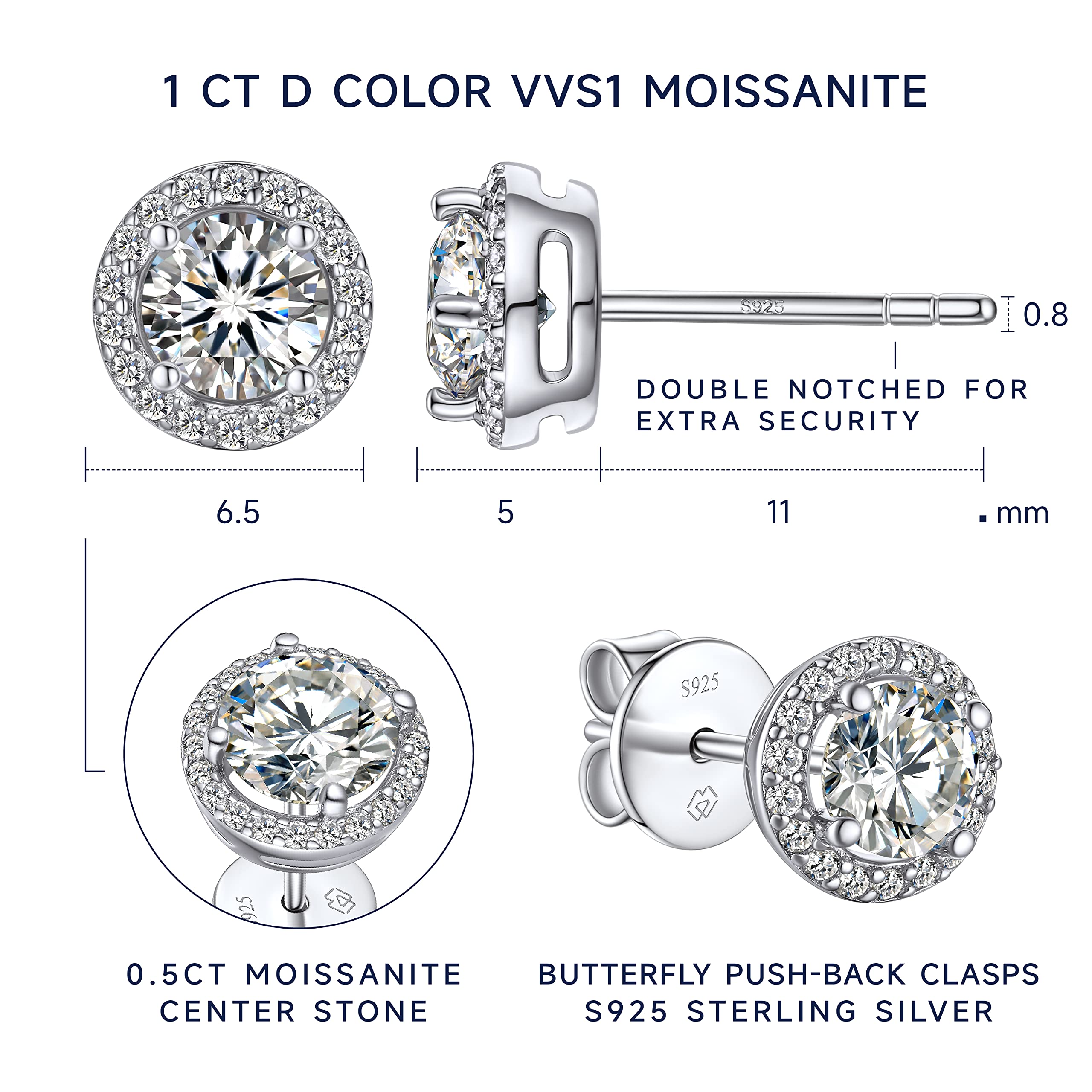 1-2 Carat Moissanite Stud Earrings for Women - Sterling Silver Simulated Diamond Earrings with Gold Halo - Hypoallergenic Sparkly Wedding Jewelry - Perfect for Brides, Ladies & Gifts - Elegant for Weddings, Anniversaries & Special Occasions