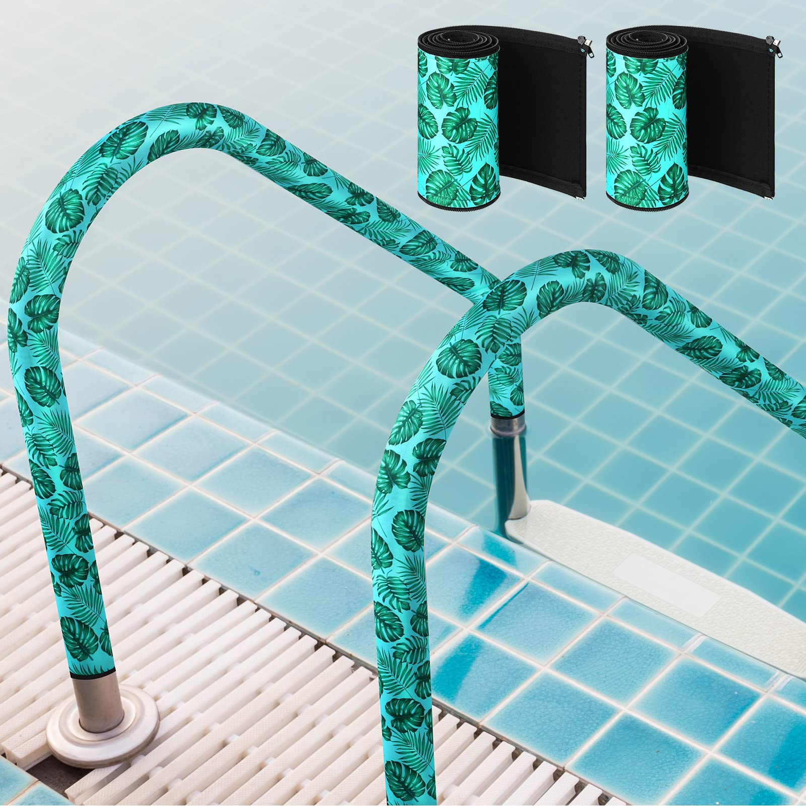 Pinkunn 2-Pack 4ft Inground Pool Handrail Covers with Zipper - Slip-Resistant Swimming Pool Handrail Sleeves (Palm Leaf Design) for Safety & Style | Perfect for Backyard Pools & Deck Areas
