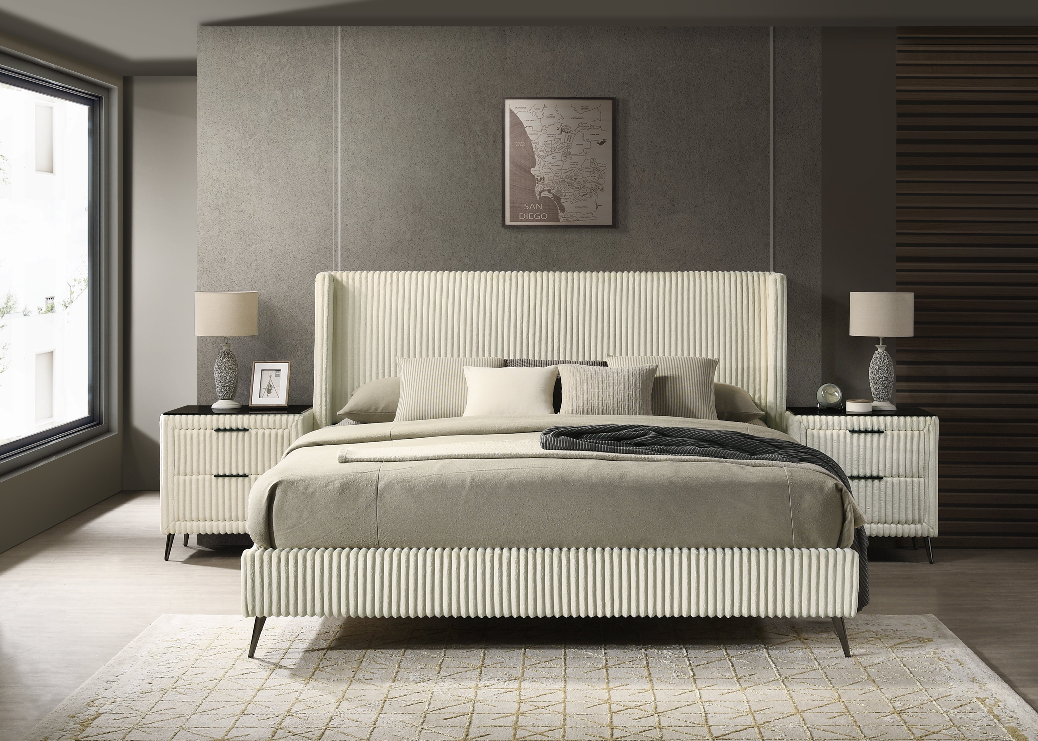 Roundhill Furniture Mavela Wide Wale Corduroy Upholstered Panel Bed Set with 2 Nightstands & Bench - Luxurious Bedroom Suite for Master Bedroom or Guest Room