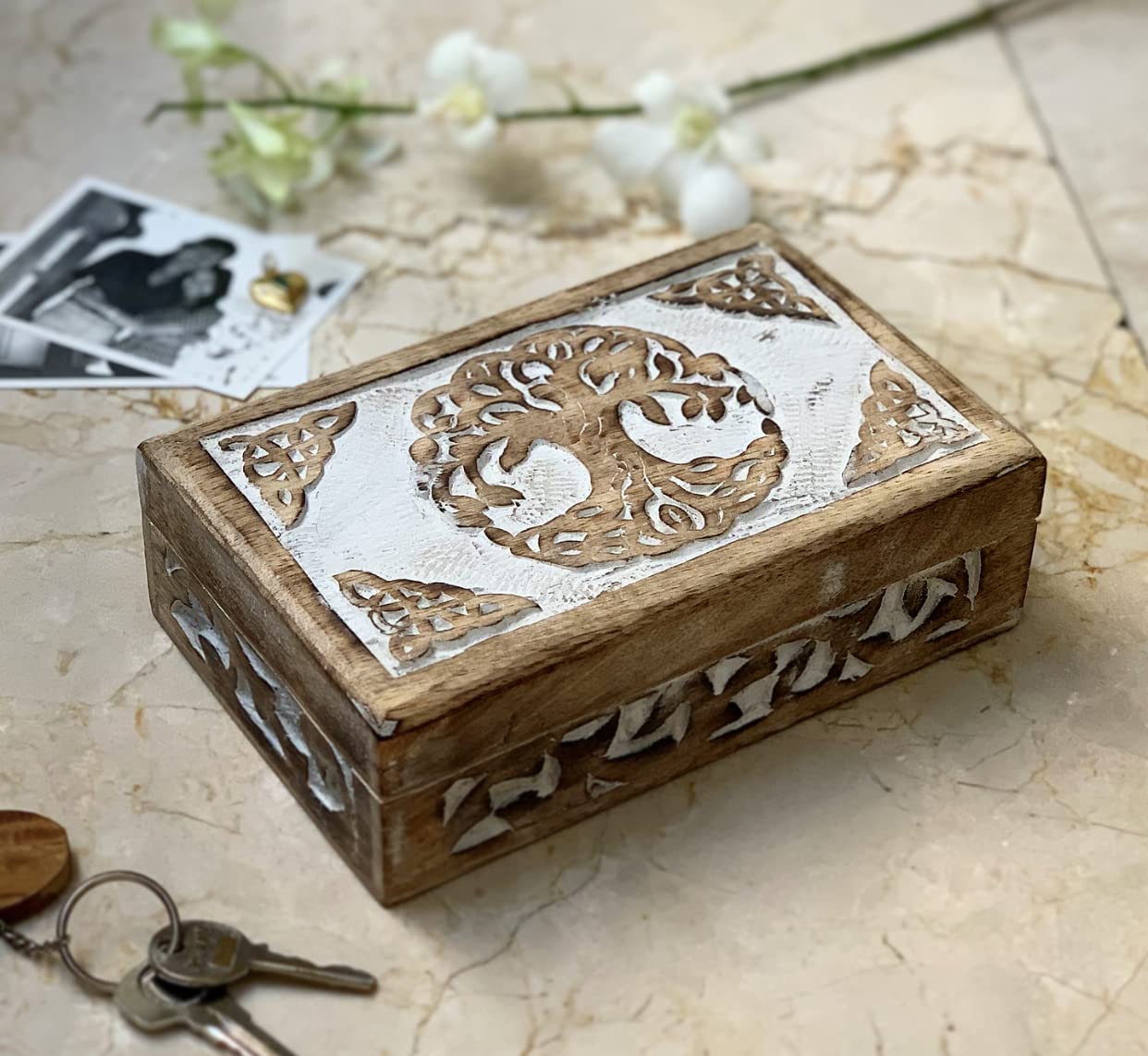 Handmade Wooden Jewelry Box with Tree of Life Carving - Jewelry Organizer, Keepsake Box, Treasure Chest & Watch Storage - Perfect Birthday, Housewarming Gift for Women - Ideal for Home Decor, Jewelry Display & Gift Giving