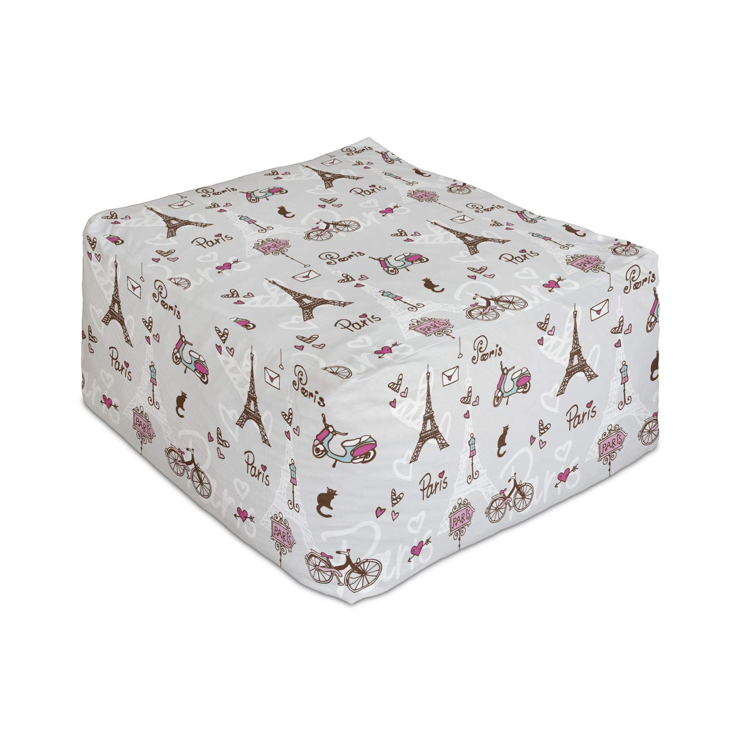 Ambesonne Paris Rectangle Pouf Ottoman - Romantic Eiffel Tower Heart Print Foot Stool for Living Room & Office, 25 Inch, Redwood Pearl Pink - Perfect as Under Desk Footrest, Lounge Chair Companion or Decorative Accent