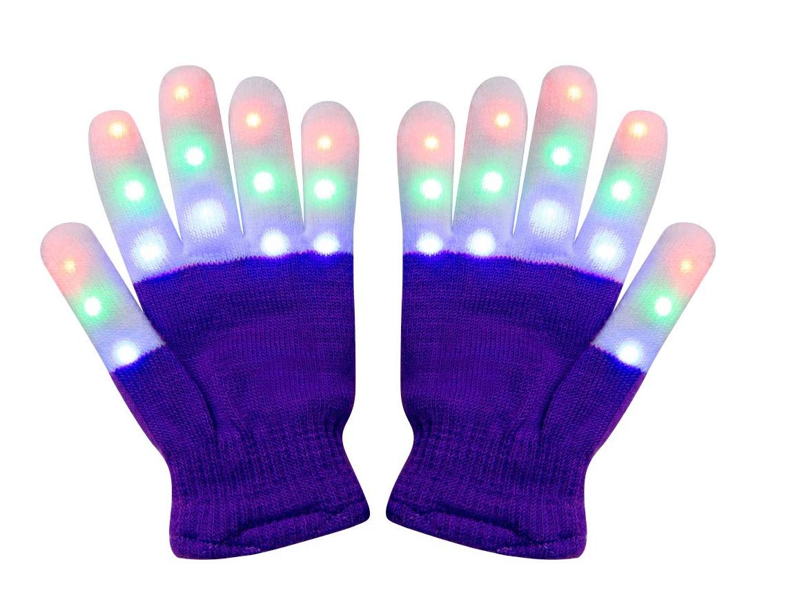 LED Light Up Gloves - Purple Flashing Finger Lights for Dance, Party, Rave & Christmas - Warm Glow with 4 Extra Batteries - Perfect for Night Events, Concerts, Halloween & Birthday Celebrations