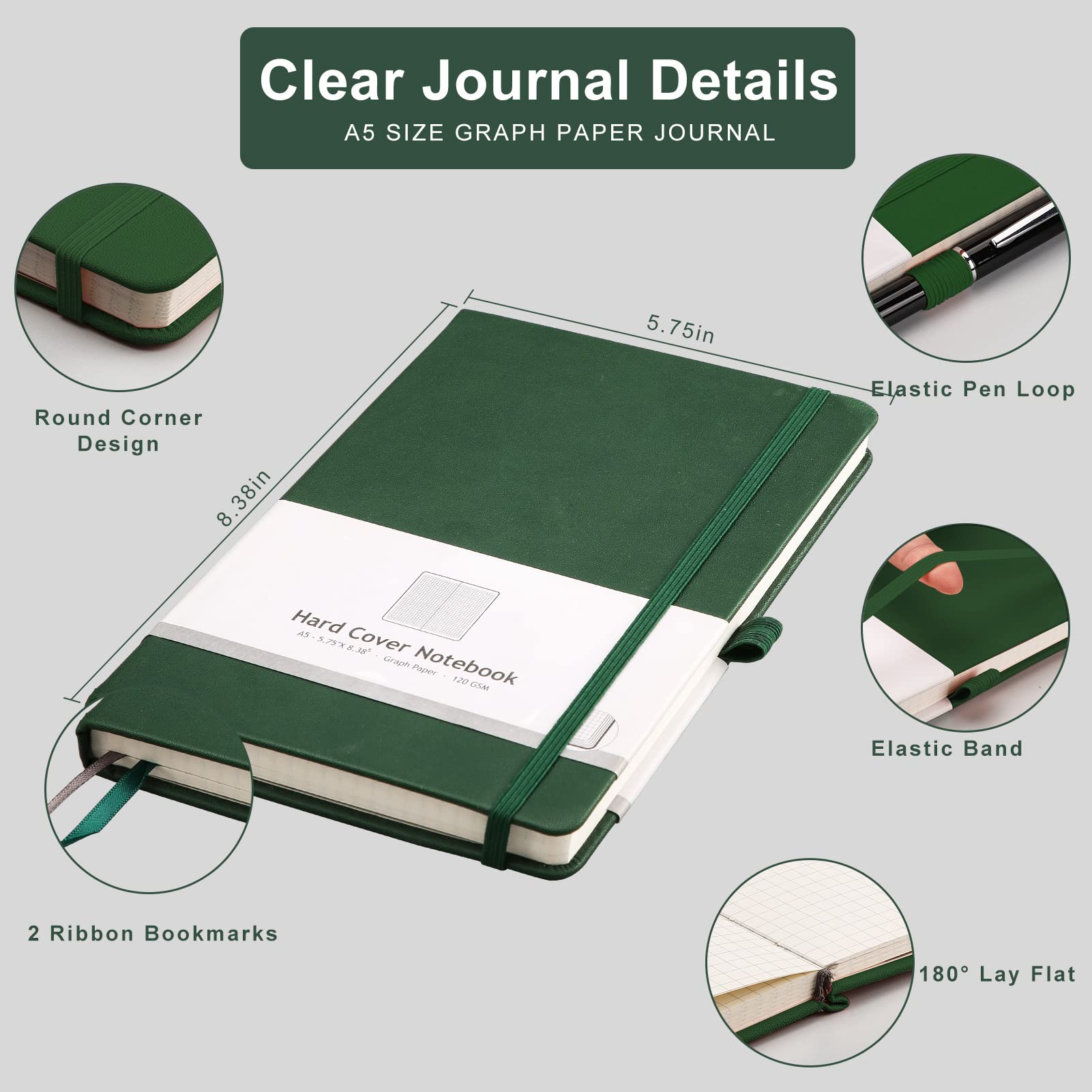 AHGXG Graph Paper Notebook 2 Pack - A5 Grid Journal with 384 Pages, 120gsm Thick Paper, Hardcover Math & Science Notebook for Students (5.75'' × 8.38'') - Perfect for Algebra, Geometry, Engineering & Note Taking