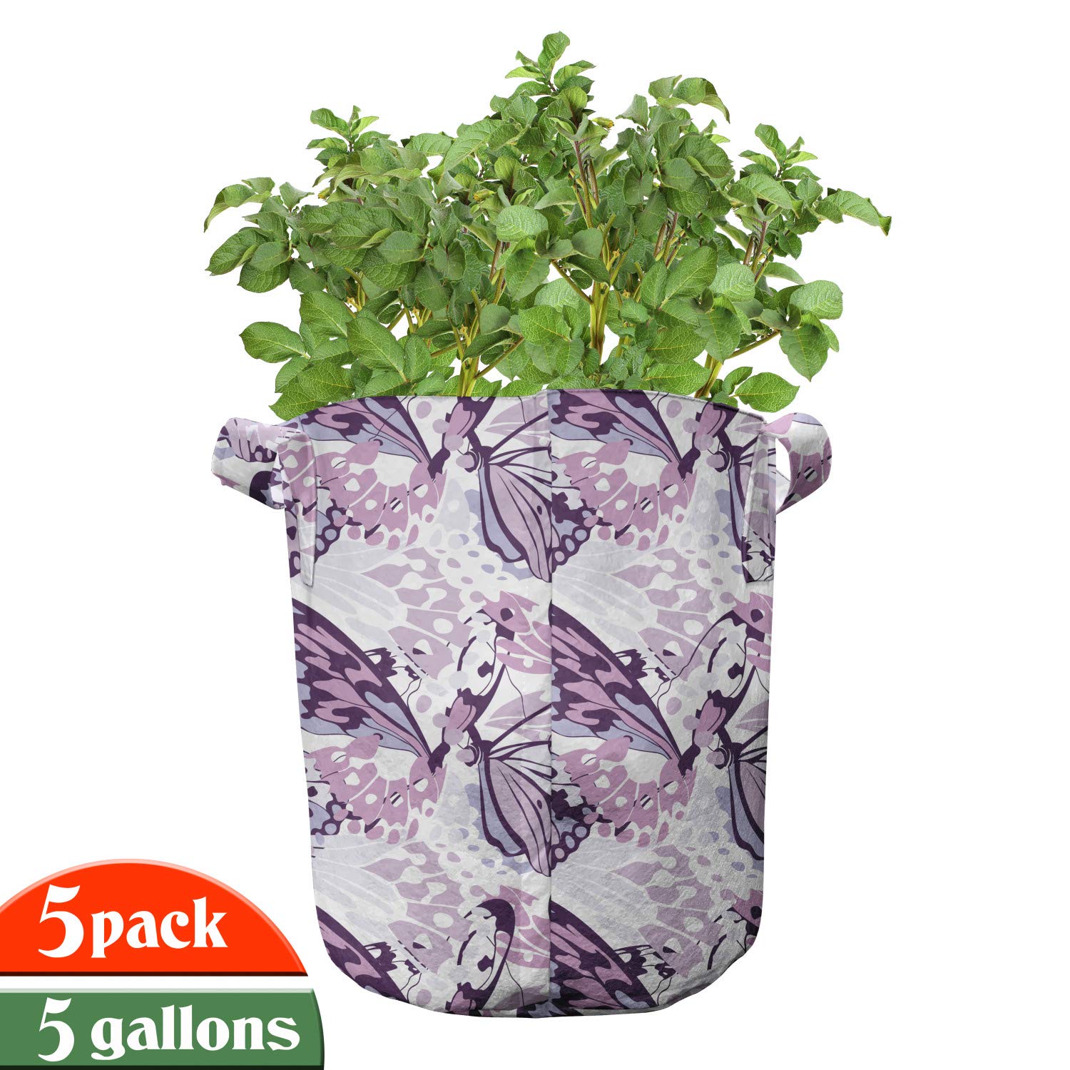 Ambesonne 5-Pack Butterfly Grow Bags - Heavy Duty Fabric Plant Pots with Handles, Colorful Silhouette Art Design in Charcoal Blue | Perfect for Indoor/Outdoor Gardening, Herbs, Vegetables & Flowers