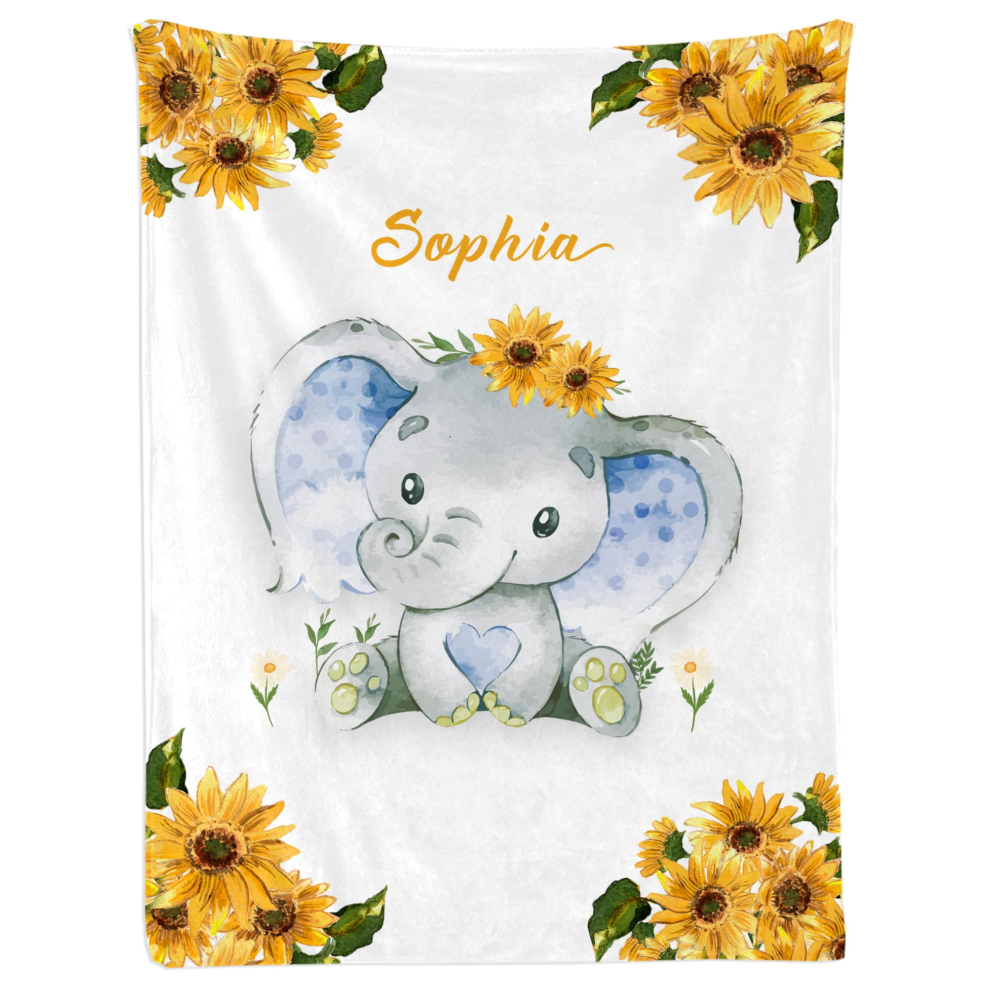 Personalized Sunflower Elephant Baby Blanket with Custom Name - Soft & Cozy Throw for Toddler Boys & Girls | Perfect Birthday Gift for Kids, Nursery Decor & Snuggling