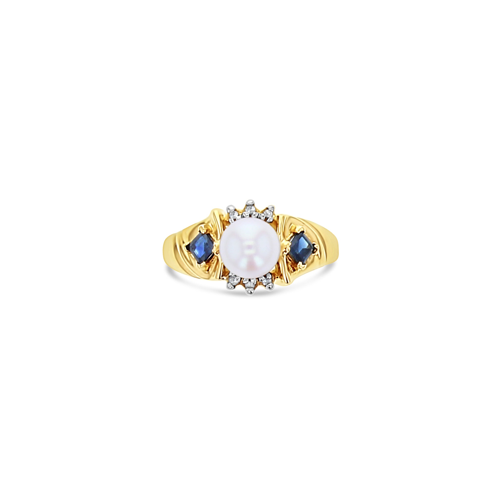 10k Yellow Gold Freshwater Pearl, Sapphire & Diamond Cluster Ring for Women - Elegant Bridal, Anniversary & Evening Wear Jewelry Gift