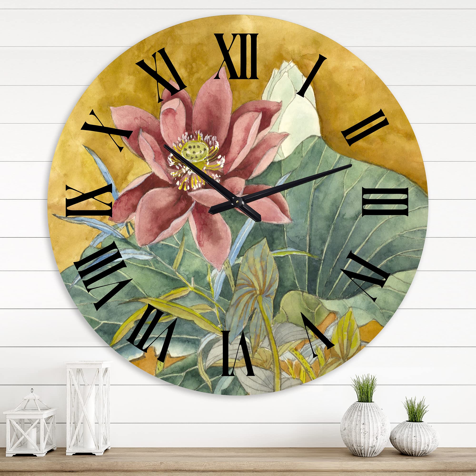 Vintage Pink Lotus Wall Clock - Large Floral Botanical Decor for Living Room, Bedroom & Office | Traditional Home Decoration & Gift Idea