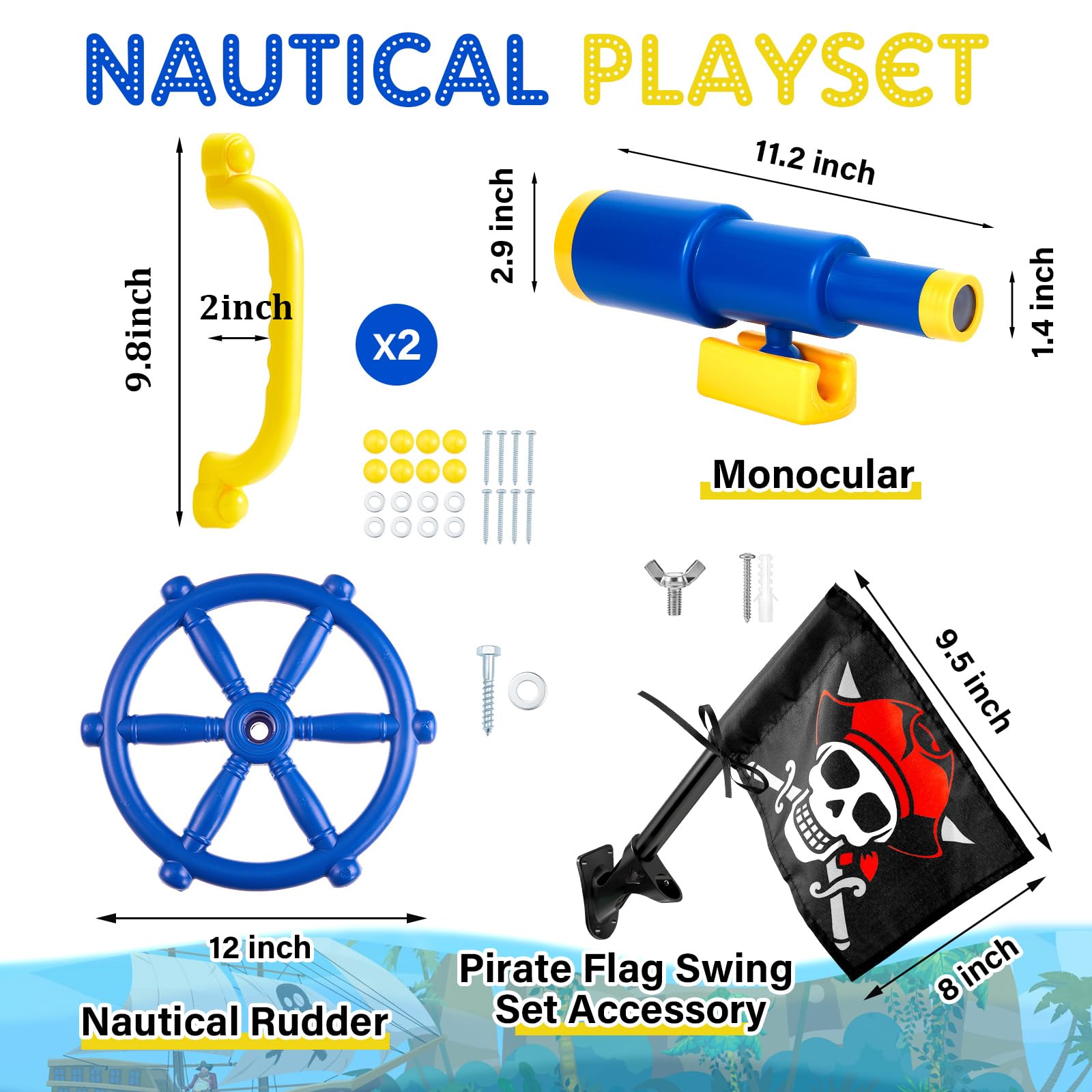 Junkin 5-Piece Pirate Playground Set - Plastic Steering Wheel, Telescope, Safety Handles & Flags for Outdoor Swing Set, Playhouse, Treehouse & Jungle Gym Accessories (Blue) - Perfect for Backyard Adventures & Kids' Imaginative Play