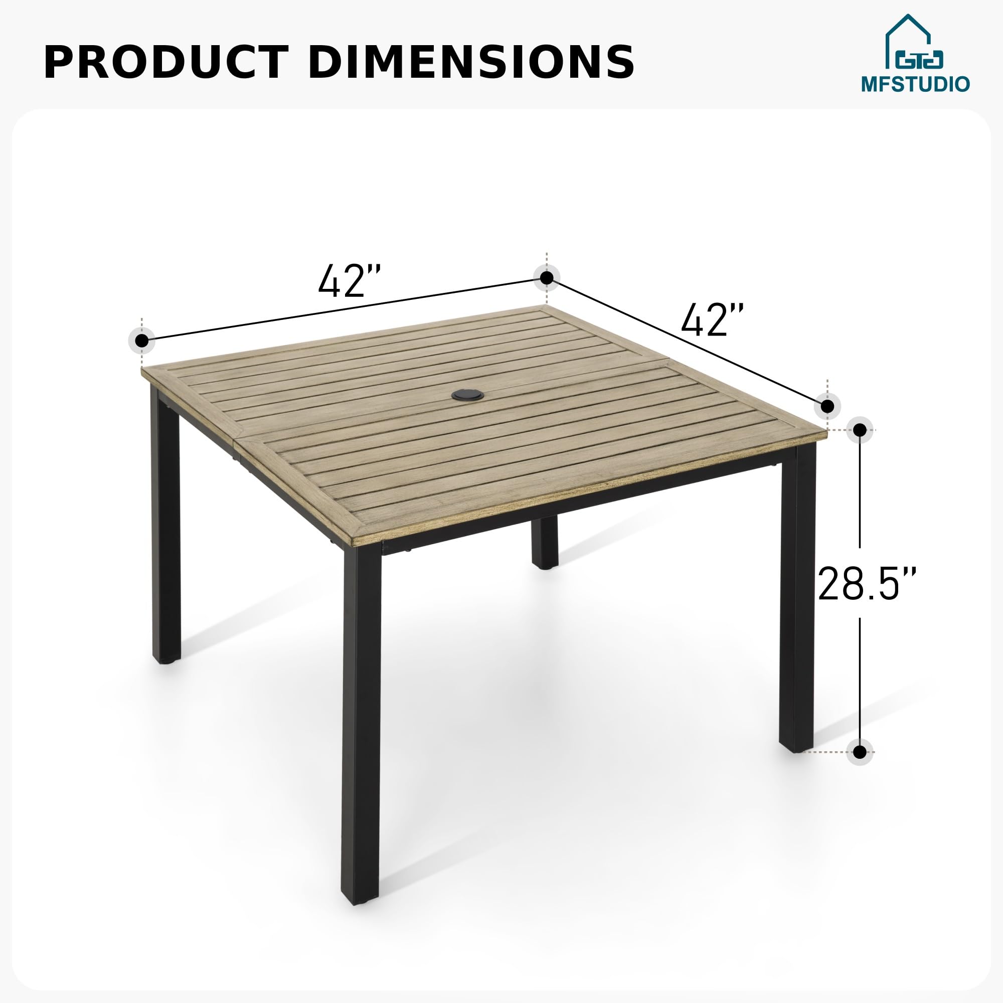 MFSTUDIO 42 Inch Square Outdoor Dining Table - Weatherproof Wood-Like Patio Table with Adjustable Umbrella Hole - Perfect for Deck, Backyard, Lawn, Garden, Poolside & Outdoor Entertaining