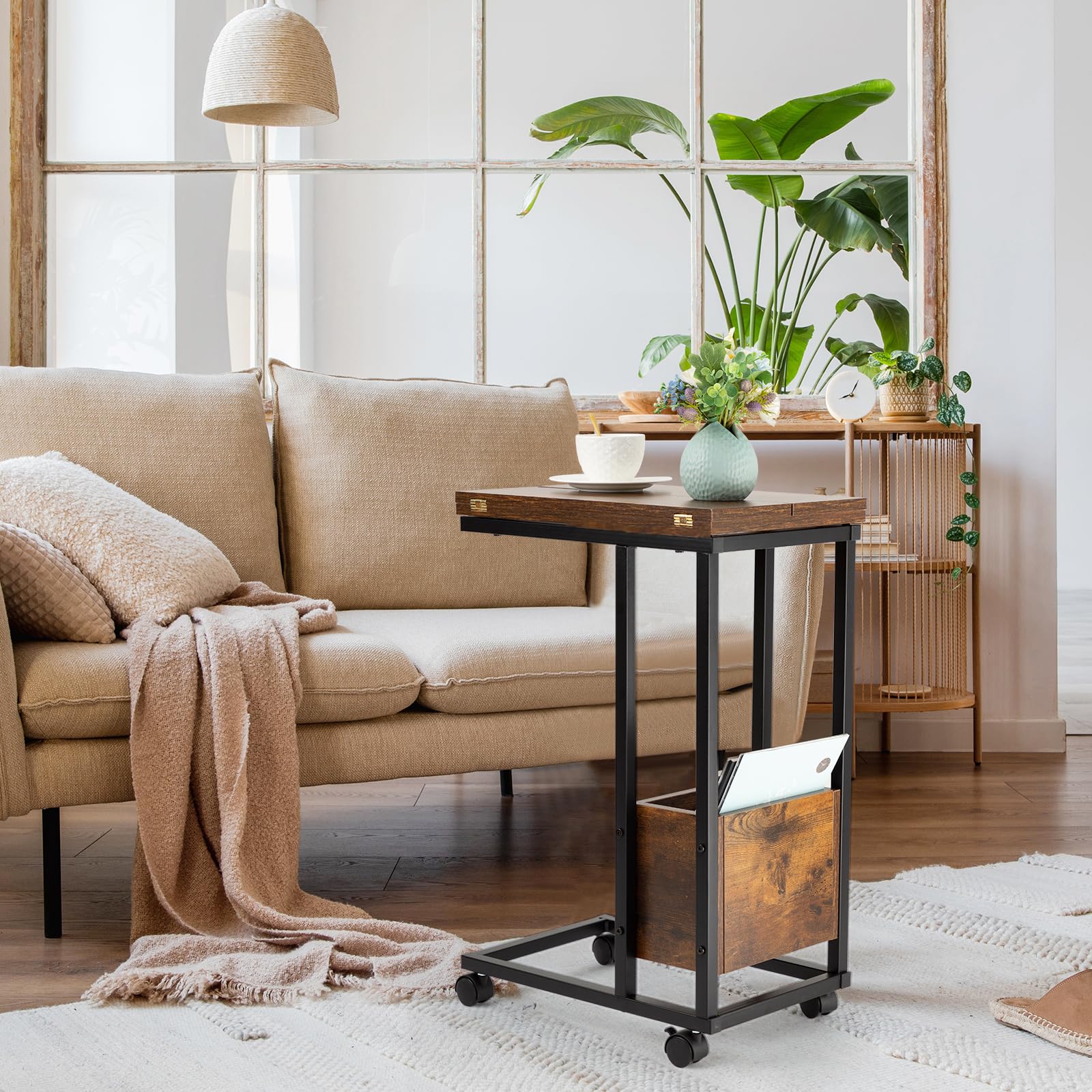 Hadulcet Modern C-Shaped End Tables Set of 2 - Rustic Brown Small Side Tables for Living Room, Sofa, Couch - Slide Under Furniture Snack Tables & TV Trays - Perfect for Eating, Reading, and Entertaining Guests
