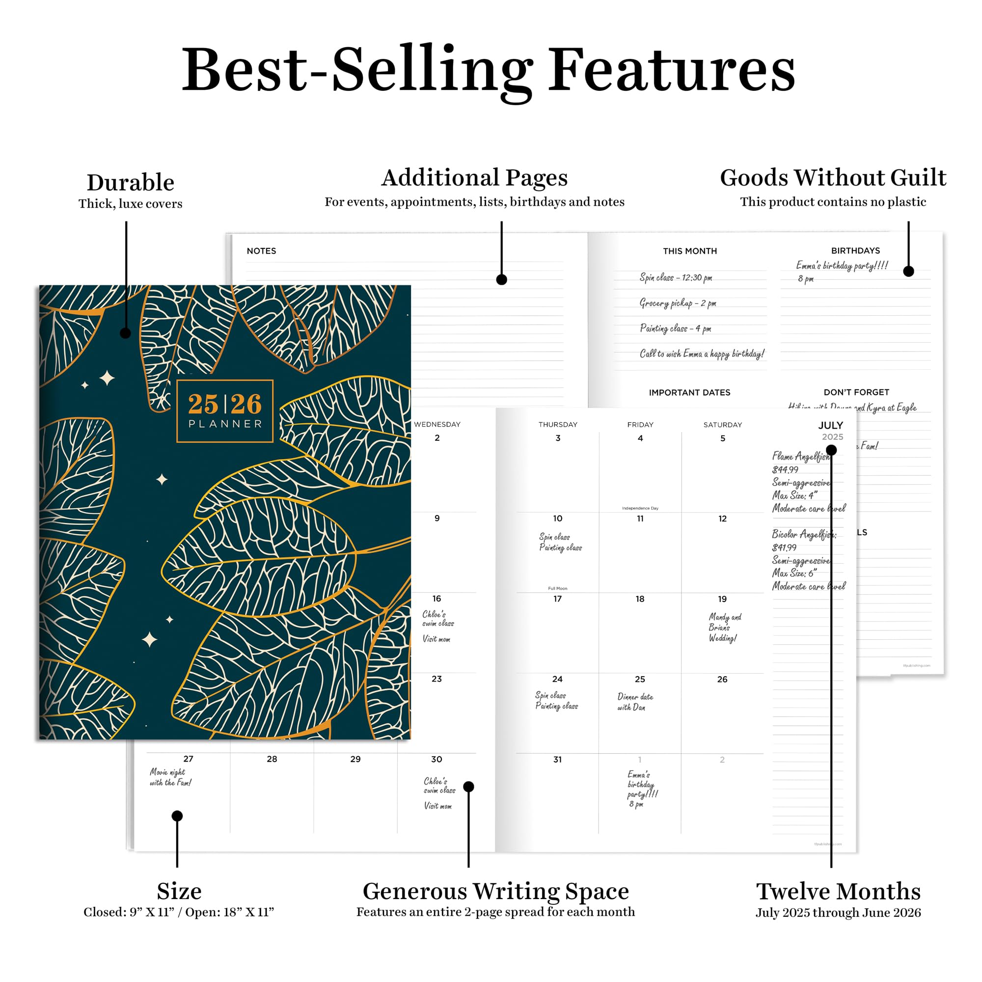 TF Publishing July 2025 - June 2026 Night Foliage Large Monthly Planner with Thick Paper - 12 Month Academic Planner 2025-2026 with 2-Page Spreads, Large Calendar Grids & Prompts - 9