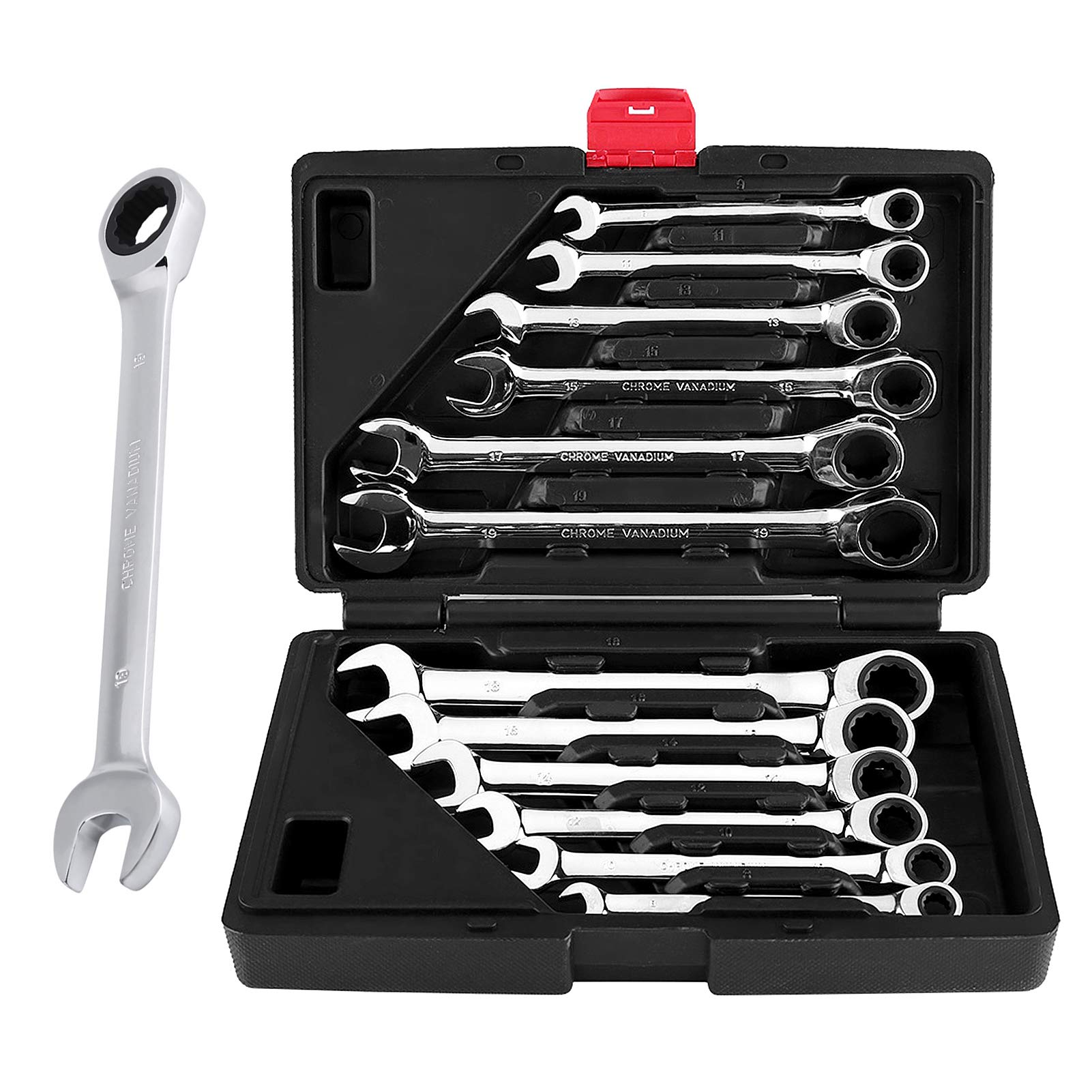12-Piece Spanner Ratchet Set - CRV Steel Combination Wrench Kit (8-19mm) with Tool Box - Open-End & Ring Wrench Set for Car Repairs, Home Maintenance & DIY Projects
