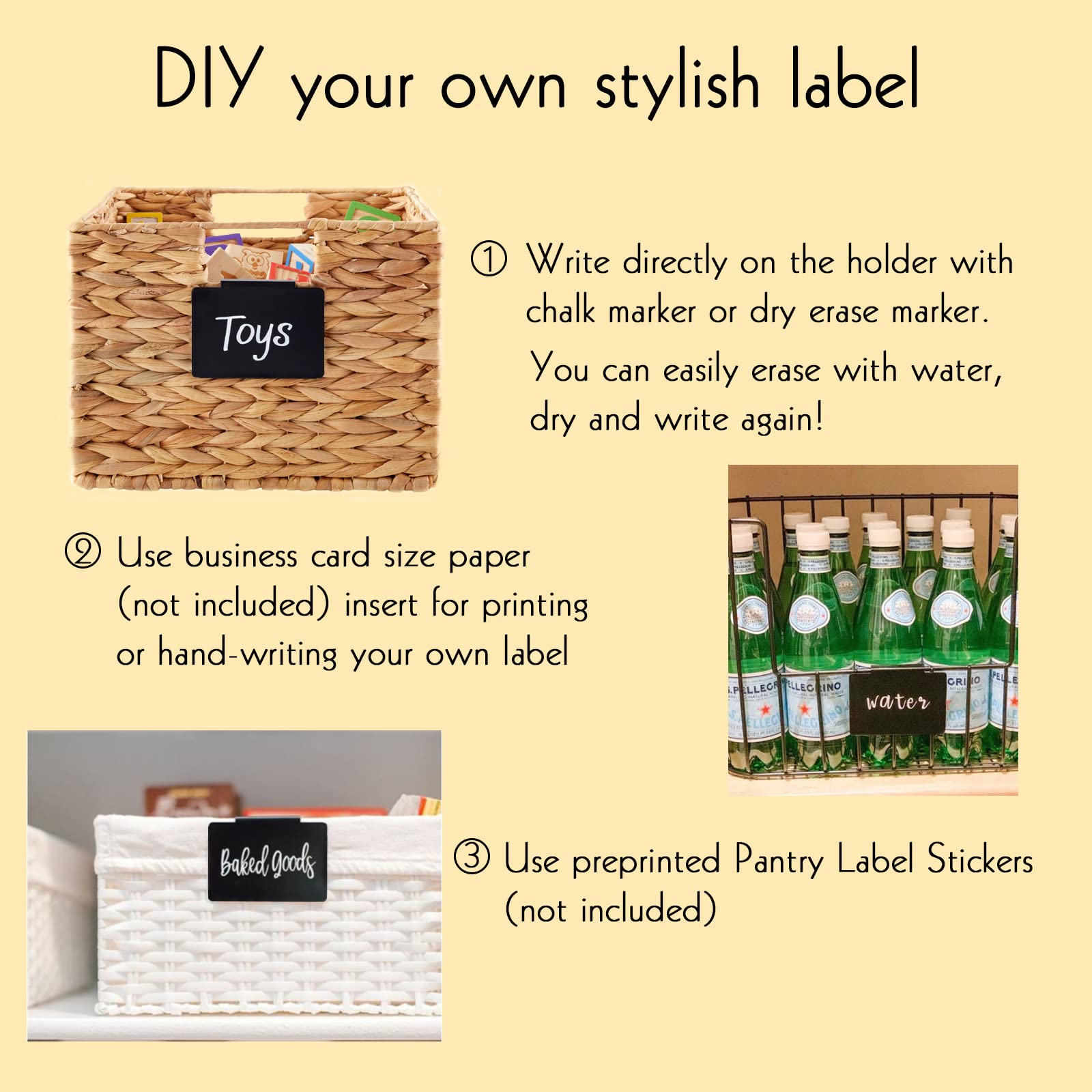 Removable Metal Basket Label Clips with Chalk Markers - 18 Black Pantry Organizer Holders + 4 White Chalk Pens for Storage Fabric Bins & Boxes | Perfect for Kitchen Pantry Organization, Laundry Room Storage & Home Office Supplies