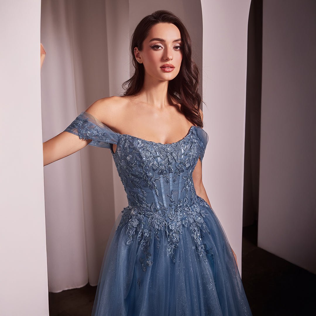 Ladivine by Cinderella Divine Smoky Blue Off The Shoulder Prom Gown - Elegant Formal Dress for Homecoming, Evening Party & Special Occasions