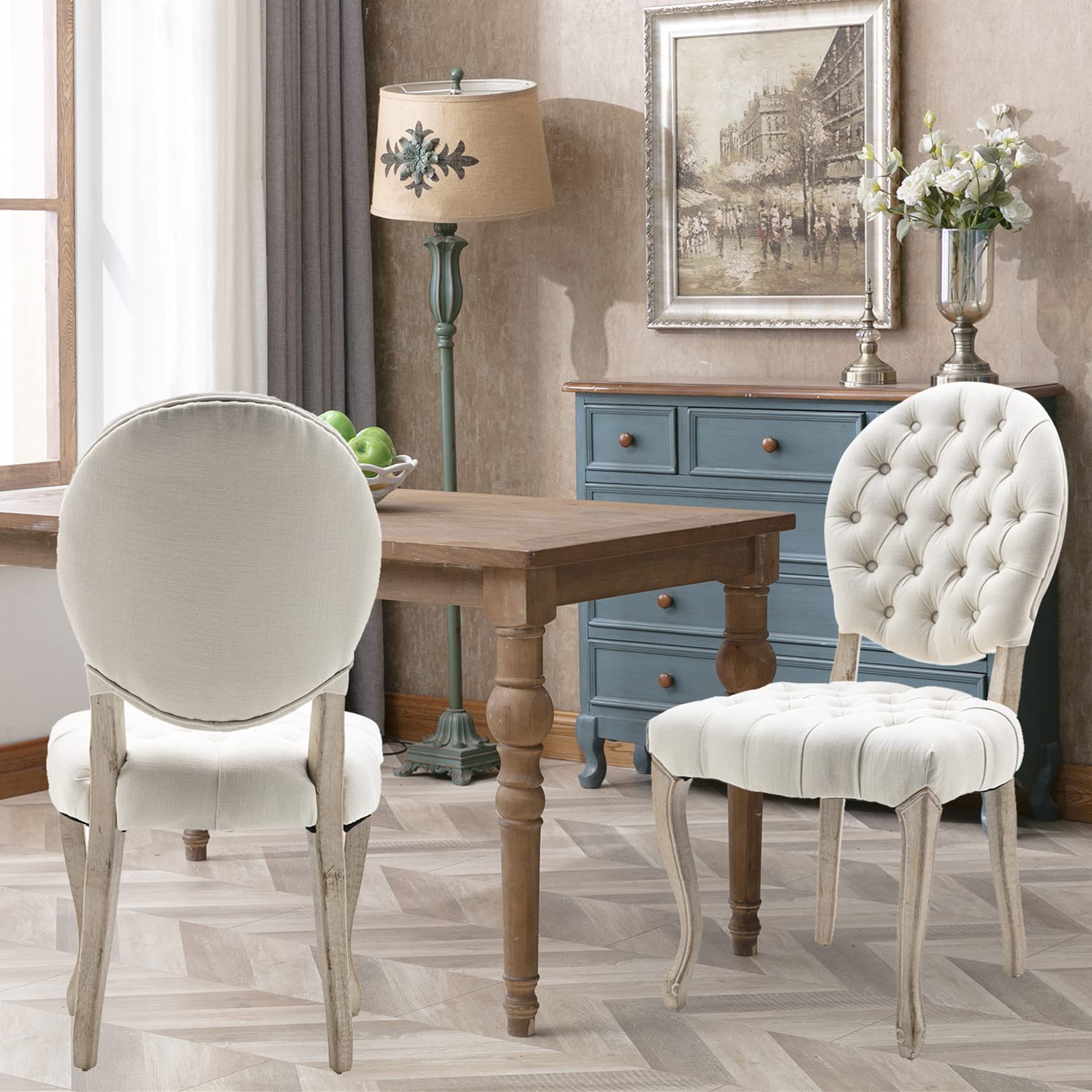 Yoluckea Mid-Century Modern Tufted Dining Chairs Set of 2 - Upholstered French Style Oval Back Chairs with Solid Wood Legs, Traditional Linen Fabric Kitchen & Dining Room Chairs for Dinner Table, Meeting Table, Breakfast Nook & Home Office