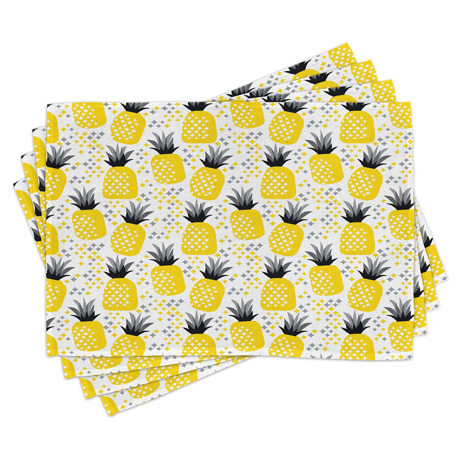 Ambesonne 4-Piece Exotic Pineapple Place Mats Set - Tropical Coastal Beach Theme Kitchen & Dining Table Decor - Washable Fabric Placemats in Yellow, Grey & Black - Perfect for Summer Parties, Beach House Decor & Tropical-Themed Gatherings