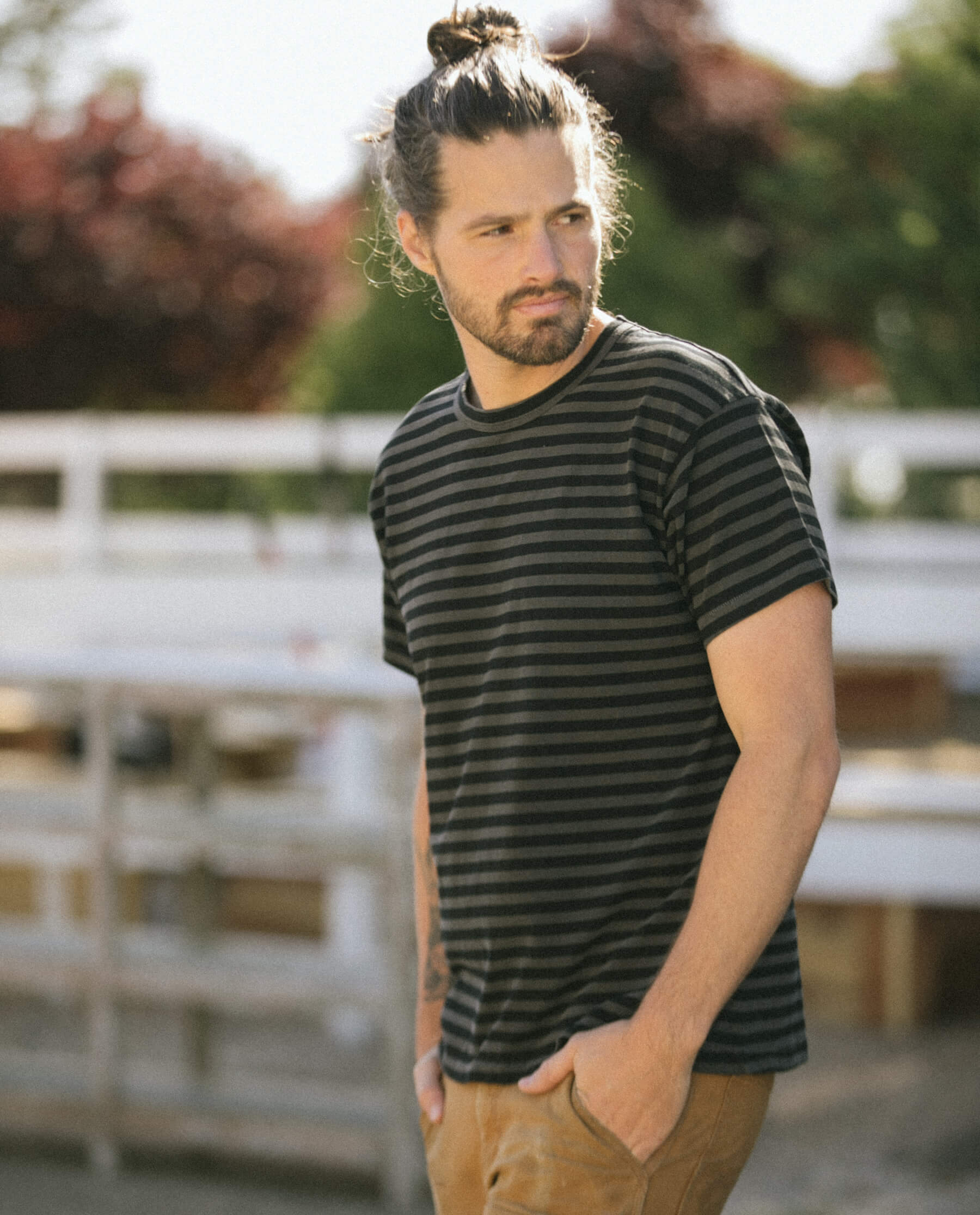 Men's Boxy Crew Neck T-Shirt - Black & Charcoal Striped Casual Shirt for Everyday Wear, Street Style & Layering