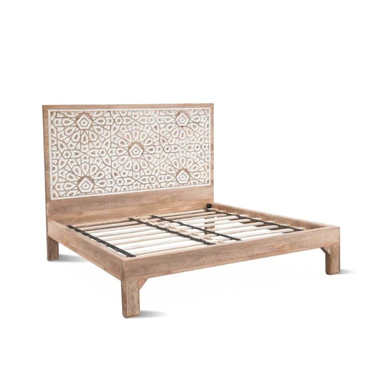 Hand Carved Wooden King Size Bed with Indian Design - Elegant Handmade Solid Wood Bedroom Furniture for Master Bedroom & Guest Room Decor