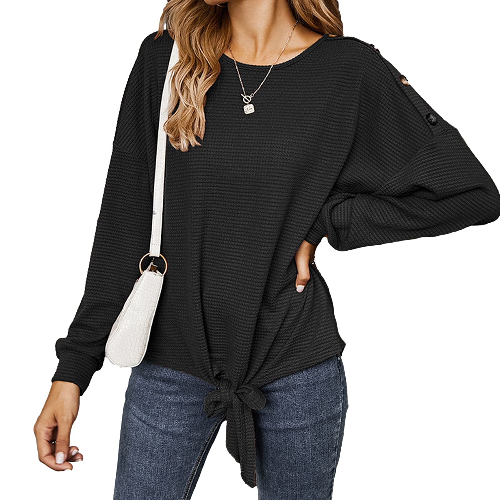 Veatzaer Women's Casual Waffle Knit Long Sleeve Pullover Sweater - Round Neck Button Front Tie Detail for Fall & Winter Layering | Office Wear, Coffee Dates, Weekend Outfits