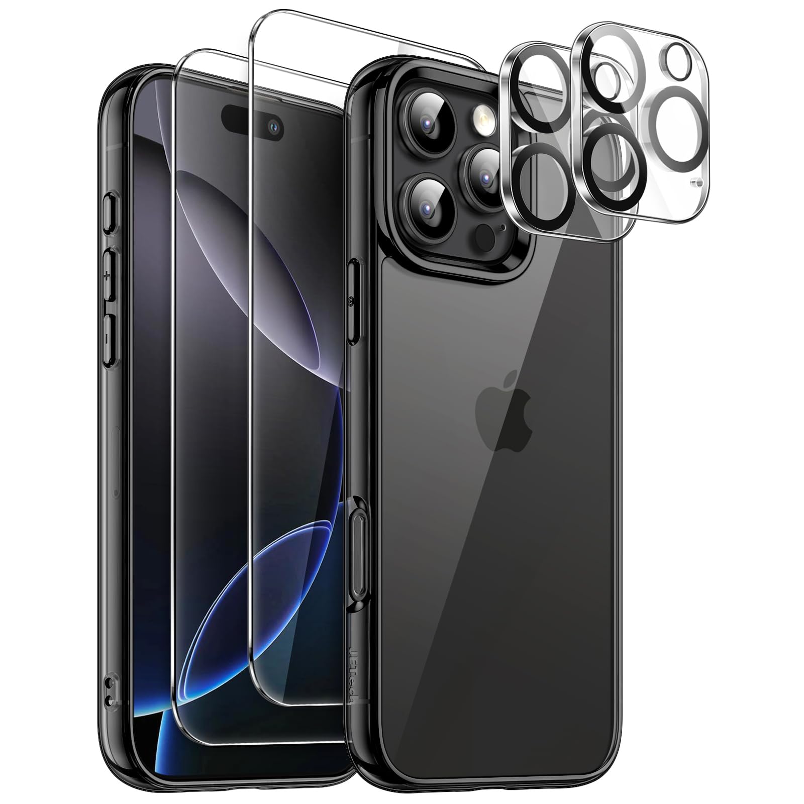 JETech 5-in-1 Protective Case for iPhone 16 Pro 6.3-Inch with 2 Pack Tempered Glass Screen Protectors & Camera Lens Protectors - Shockproof Bumper Phone Cover, Anti-Yellowing (Black) - Perfect for Outdoor Activities, Travel & Daily Protection