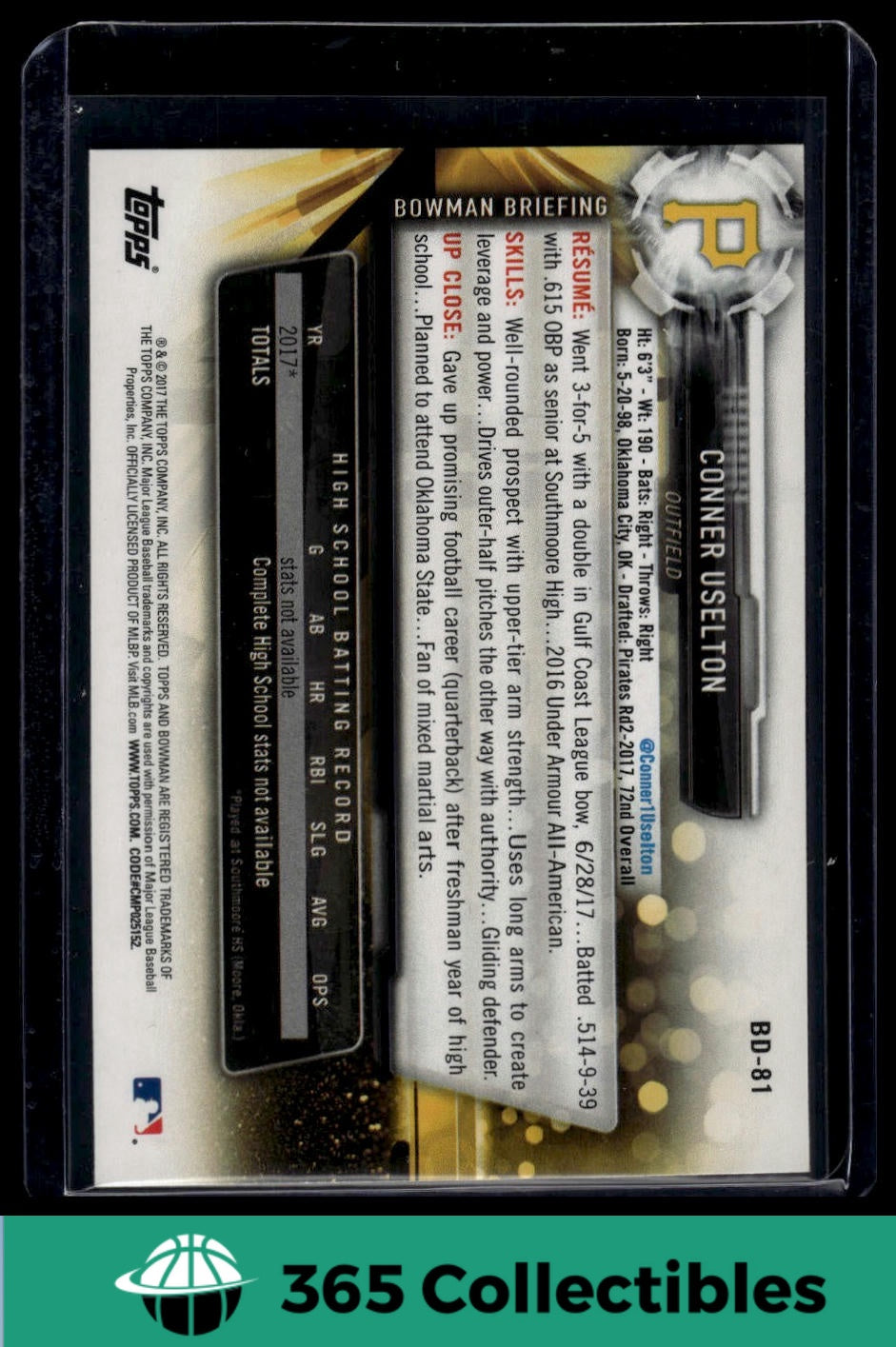 2017 Bowman Draft Conner Uselton #BD 81 Baseball Card - Pittsburgh Pirates Rookie - Collectible Sports Memorabilia for Baseball Fans and Card Collectors - Perfect for Display, Trading, and Investment