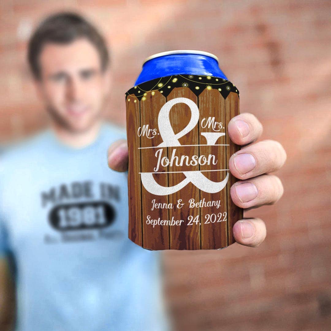 Personalized Mrs & Mrs Wedding Drink Coolers - 6-Pack Custom Can Insulators with Names & Date - Perfect for Lesbian Couples, Bridal Showers & LGBTQ+ Weddings
