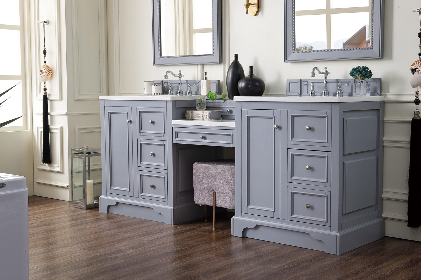 De Soto 82 Inch Double Vanity Set with Makeup Table - Silver Gray Finish, 3CM Thick Classic White Quartz Countertop | Perfect for Bathroom Remodeling & Master Suite Upgrades