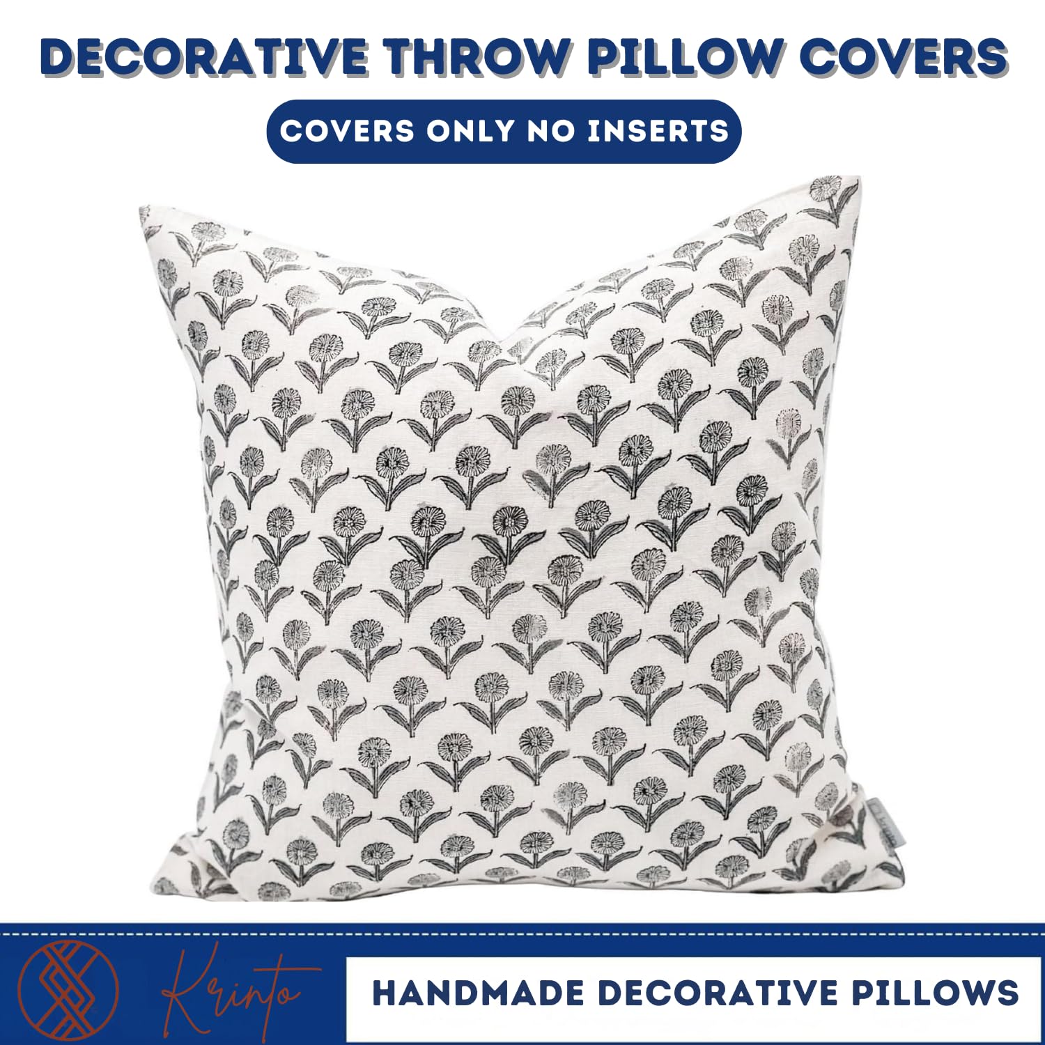 Boho Floral Linen Pillow Cover - Rock Grey & Navy Blue on Off White, Small Flowers Design, Decorative Throw Pillow (14x36 inches) for Living Room, Bedroom, or Nursery Decor