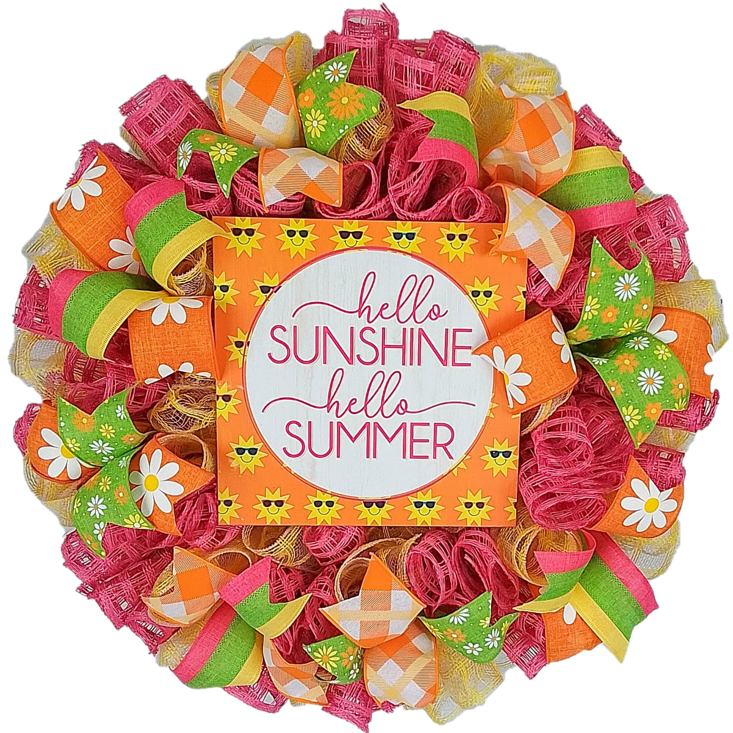 Hello Sunshine Summer Wreath - Vibrant Yellow Pink Green Orange Beach Mesh Door Decoration for Front Porch, Patio & Summer Home Decor