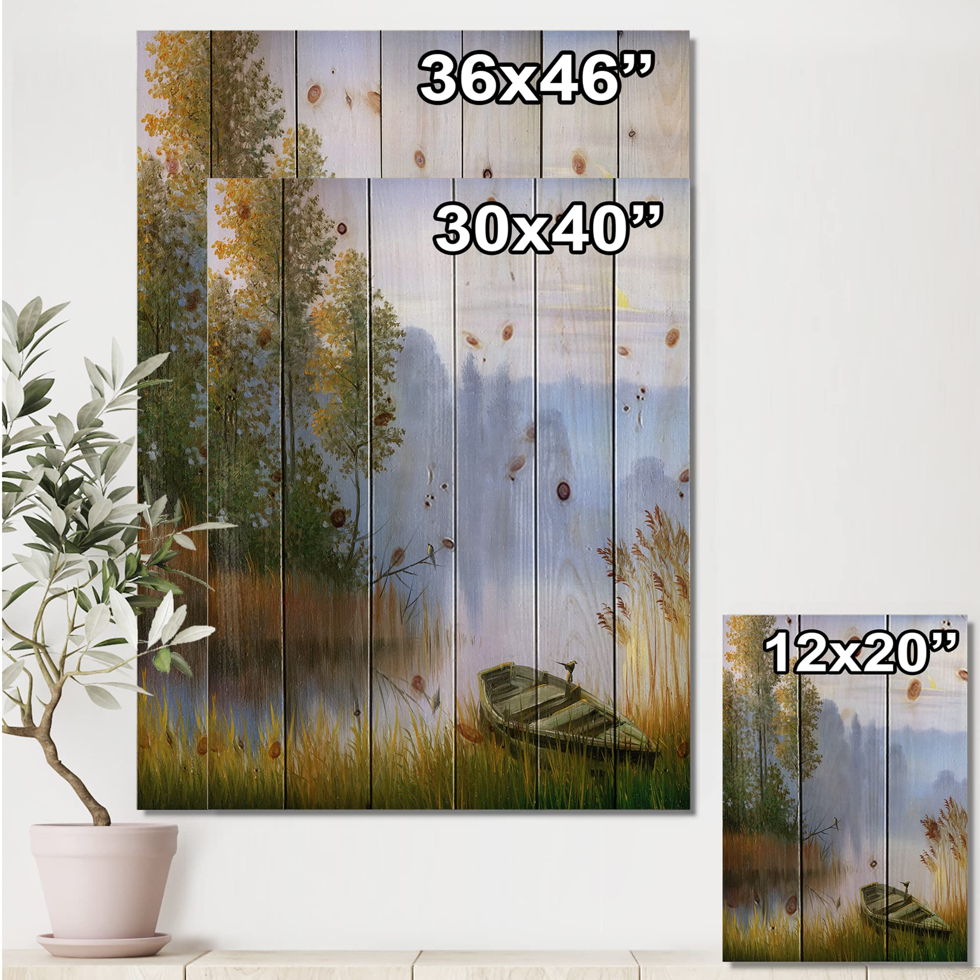 DesignQ Traditional Wood Wall Art - Lake Boat Landscape on Natural Pine Wood, Blue Wood Wall Decor for Living Room, Bedroom & Office