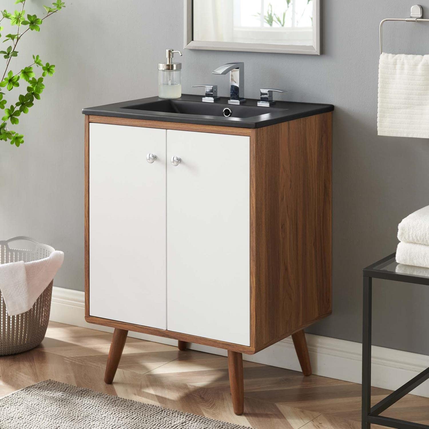 Modway Transmit 24 Inch Modern Bathroom Vanity with Sink - White & Black Finish for Small Bathrooms | Space-Saving Design Perfect for Apartments, Guest Baths & Powder Rooms