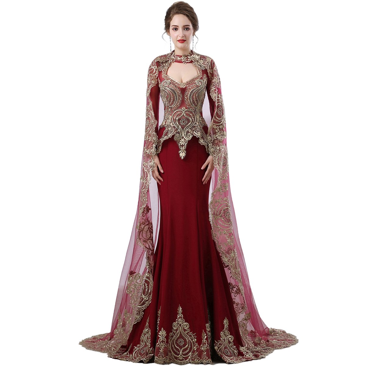 Elegant Gold Lace Mermaid Prom Dress for Women - Satin Wedding Gown with Tulle Cape | Perfect for Homecoming, Formal Events & Bridal Occasions