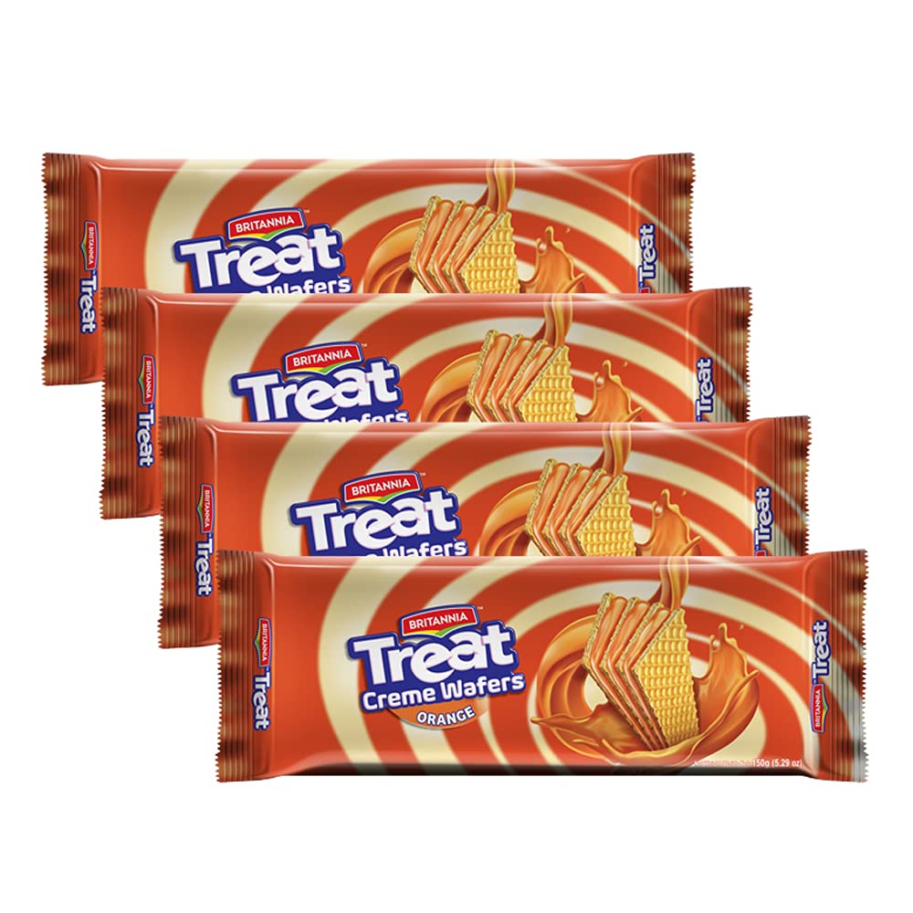 BRITANNIA Orange Wafer Cookies 5.29oz (150g) - Crunchy Healthy Snacks for Breakfast, Tea Time & Office - Pack of 4 - Perfect with Coffee, Milk or as School Lunch Treat