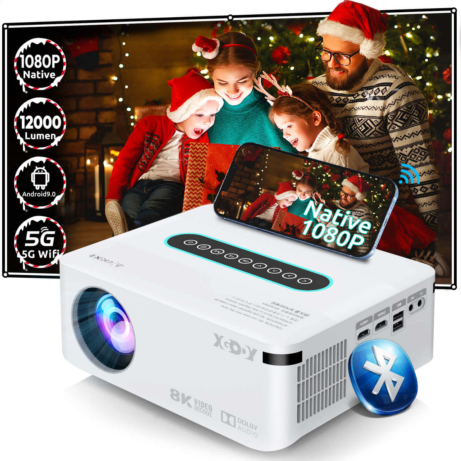 XGODY X1 Native 1080P Projector with 4K Support | Android 9.0 Smart TV System | Dolby Sound | Wireless Outdoor Movie Projector for Home Theater, Camping & Backyard Entertainment