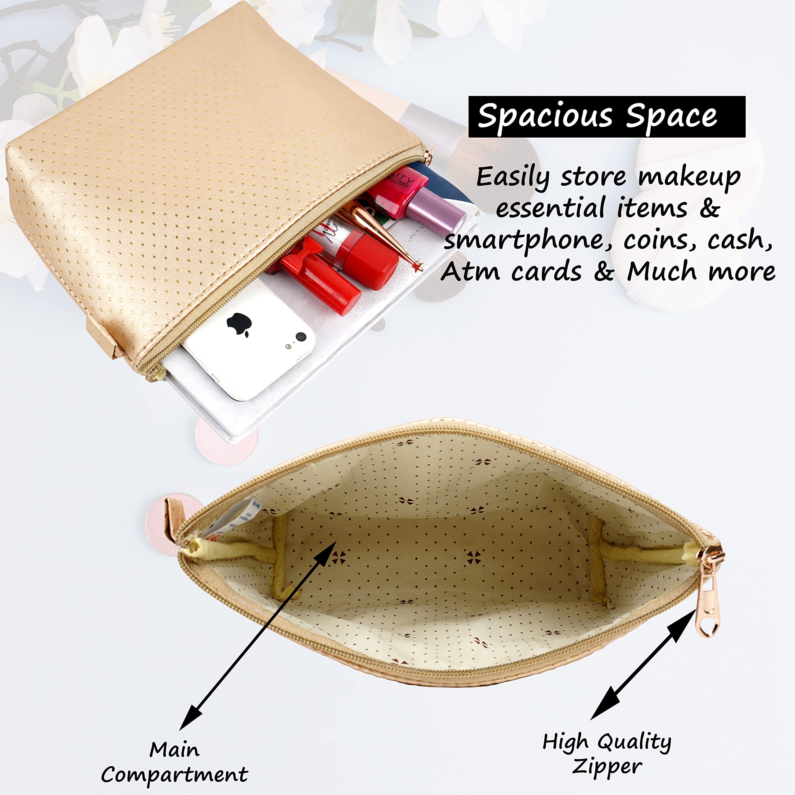 Orviz Waterproof Makeup Bag for Travel & Storage - Golden Cosmetic Pouch for Makeup, Toiletries & Essentials - Perfect for Gym, Vacation & Daily Use