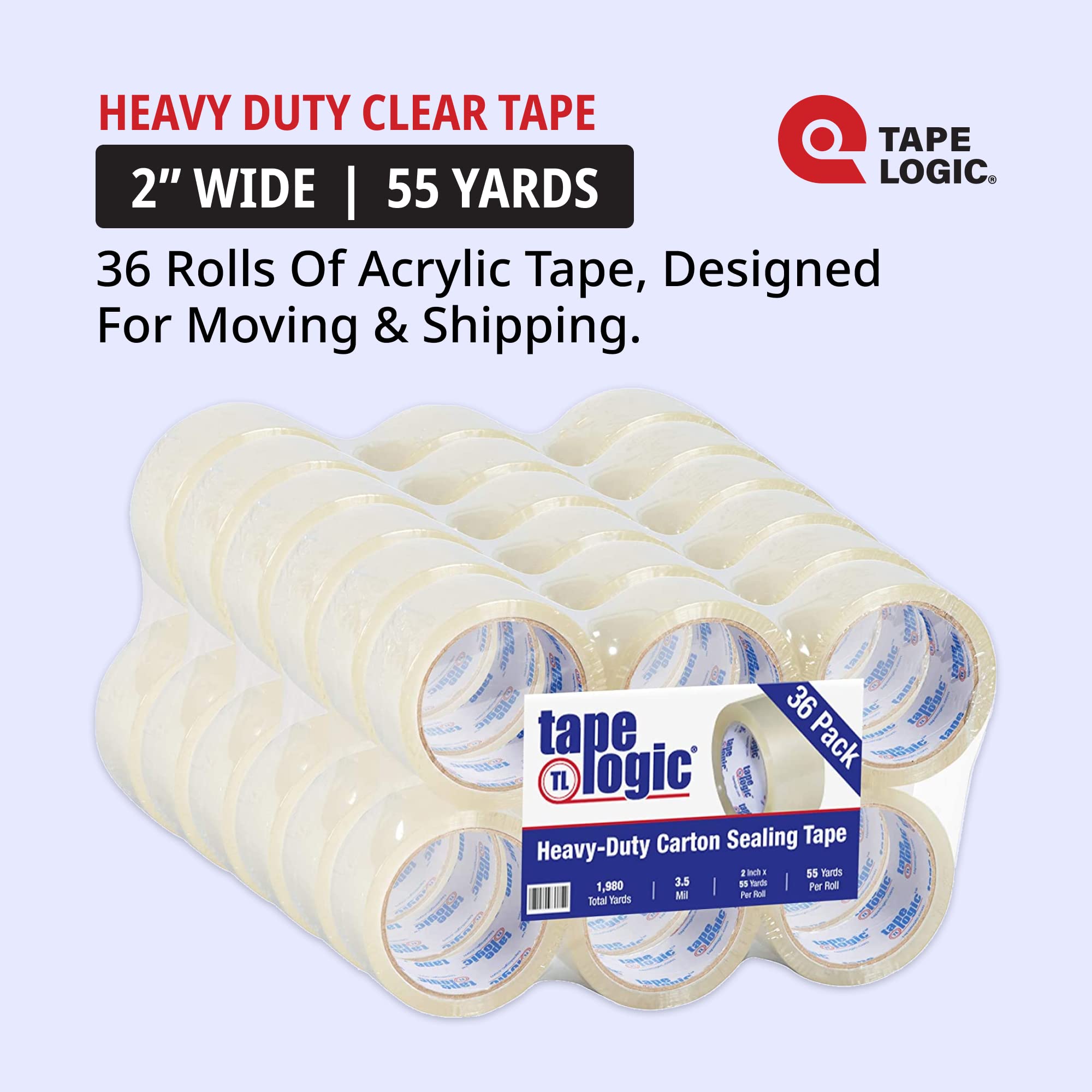 Tape Logic 2in x 55 Yards Clear Acrylic Packaging Tape - 3.5 Mil Thick, 36-Pack Bulk Refill | Heavy Duty Shipping Tape for Boxes, Mailing, Moving & Storage | Perfect for Home, Office & Warehouse Use | Works with Standard Tape Dispensers
