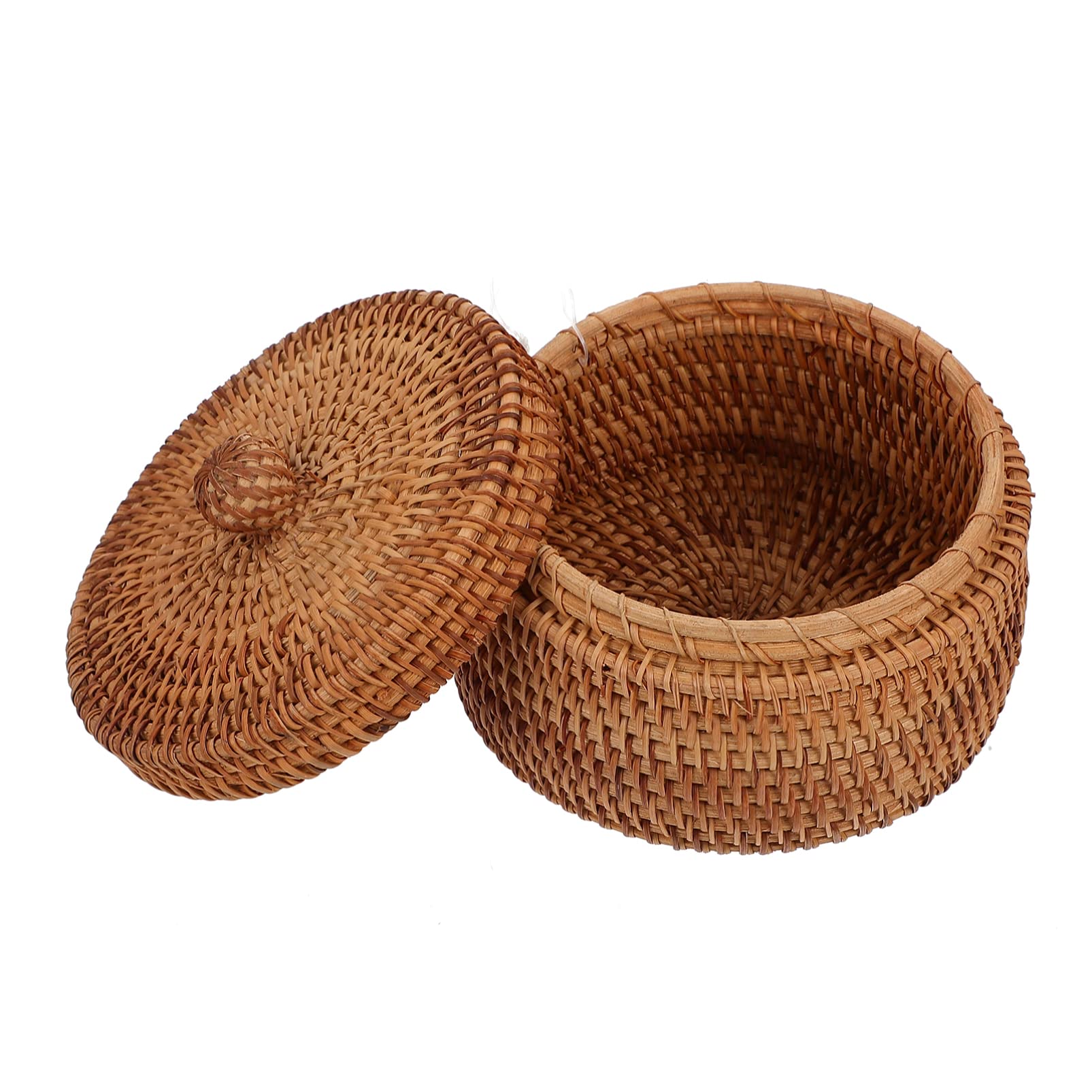 NOLITOY Small Round Woven Rattan Storage Basket with Lid - Wicker Organizer Box for Snacks, Office, Home, Bathroom & Living Room - Stylish Mini Storage Solution for Indoor & Outdoor Decor